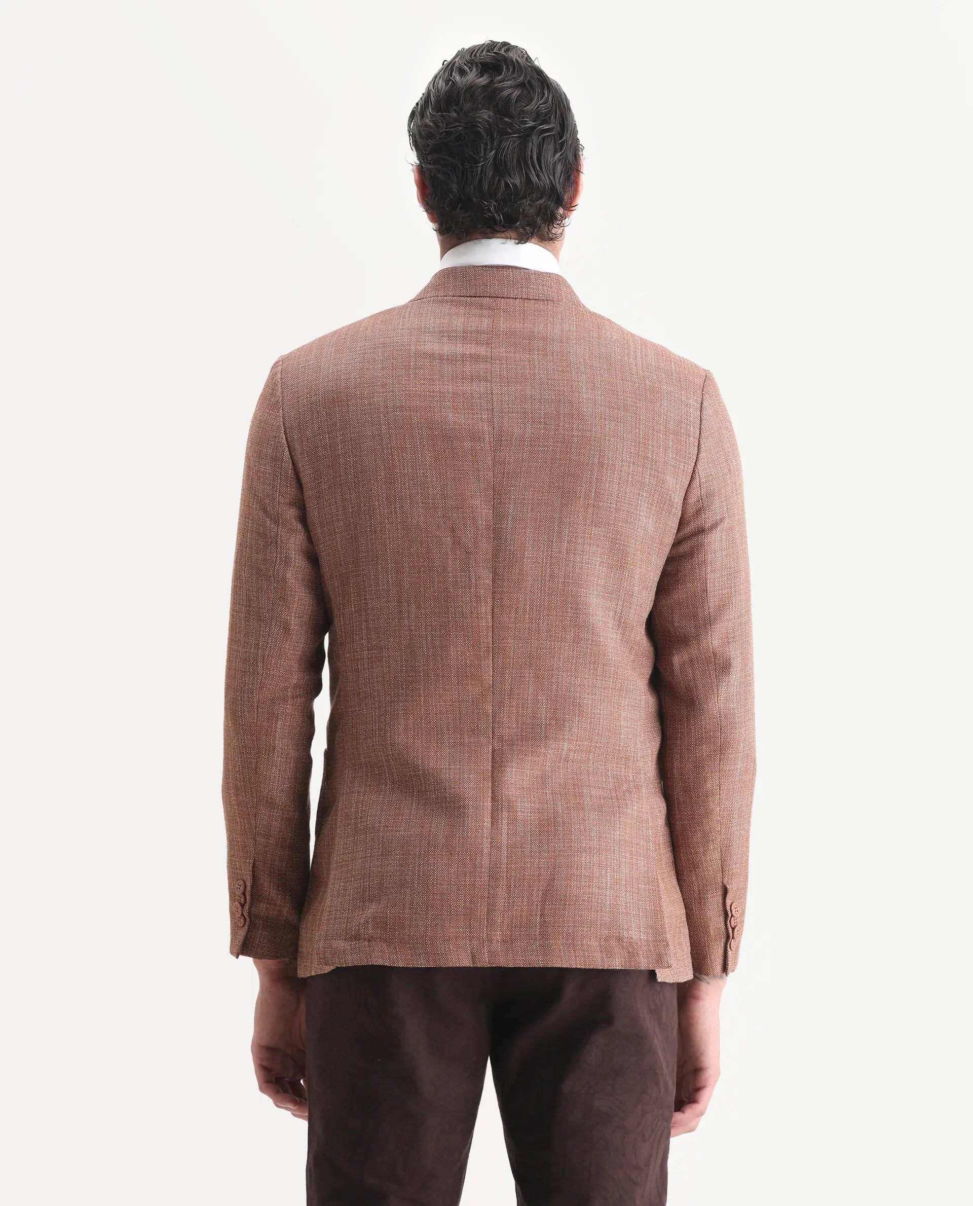 Rare Rabbit Men's Drew Brown Polyester Plain Tailored Fit Full Sleeve Lapel Neck Blazer