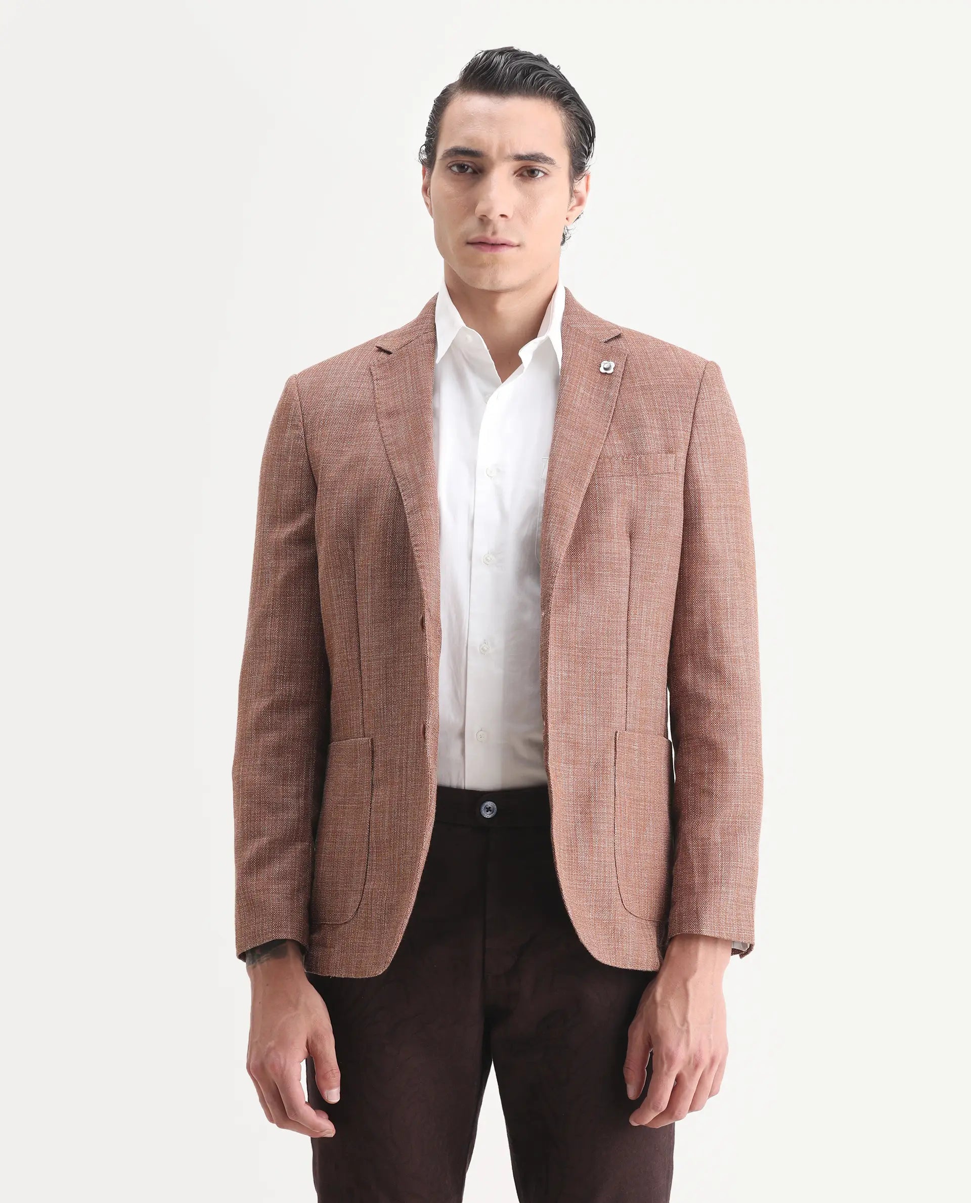 Rare Rabbit Men's Drew Brown Polyester Plain Tailored Fit Full Sleeve Lapel Neck Blazer