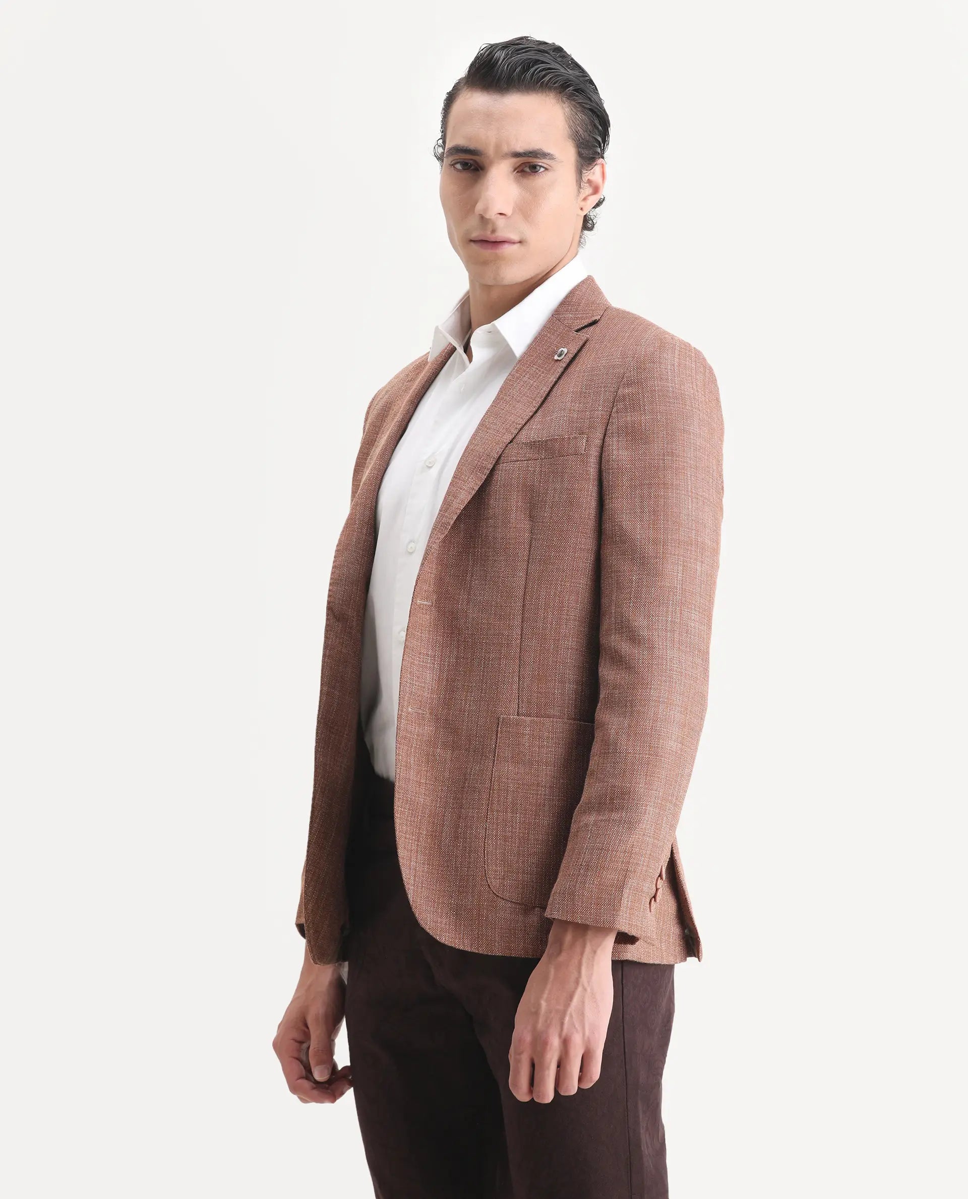 Rare Rabbit Men's Drew Brown Polyester Plain Tailored Fit Full Sleeve Lapel Neck Blazer