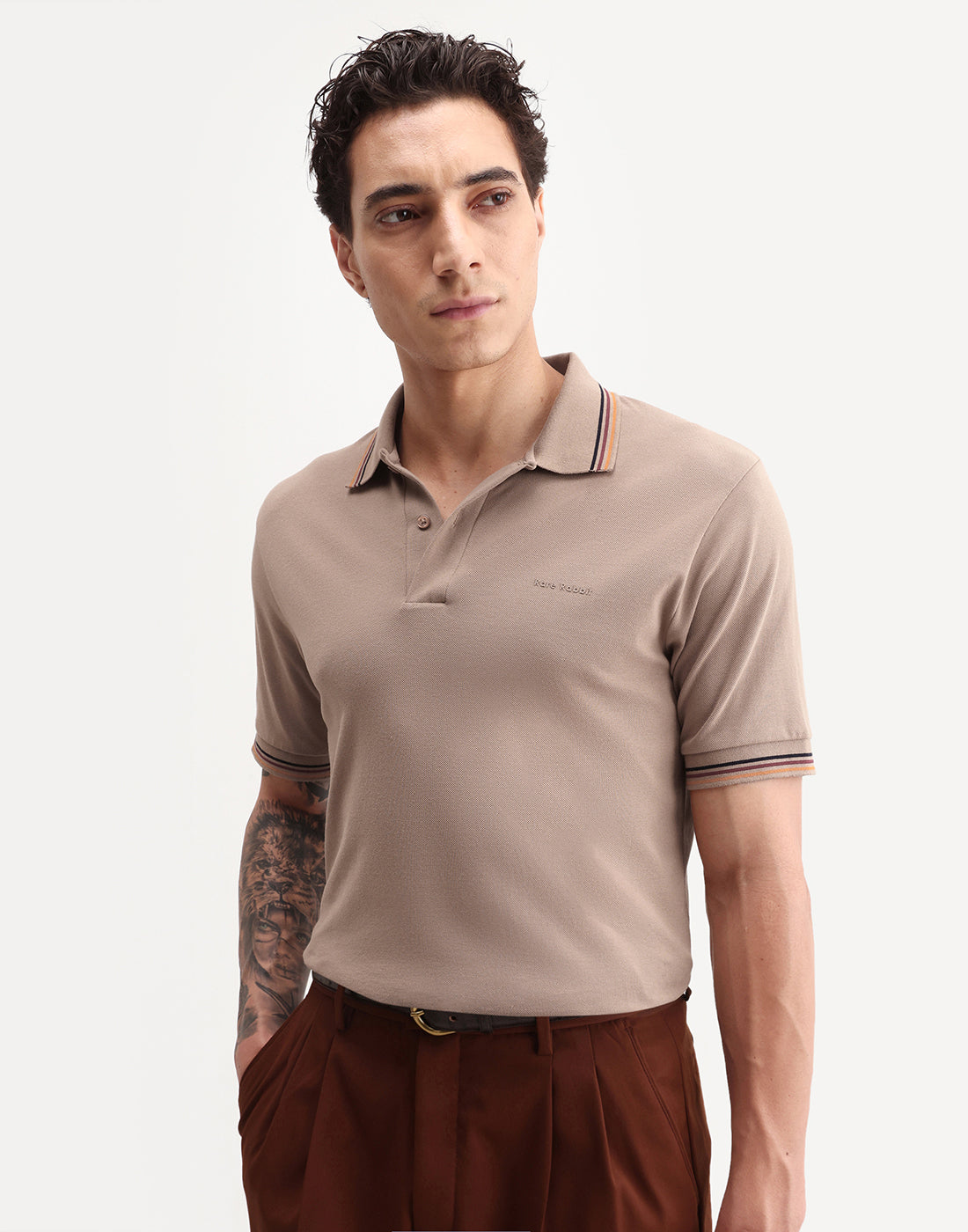 Rare Rabbit Men's Dren Dusky Brown Cotton Blend Spread Collar Regular Plain Polo