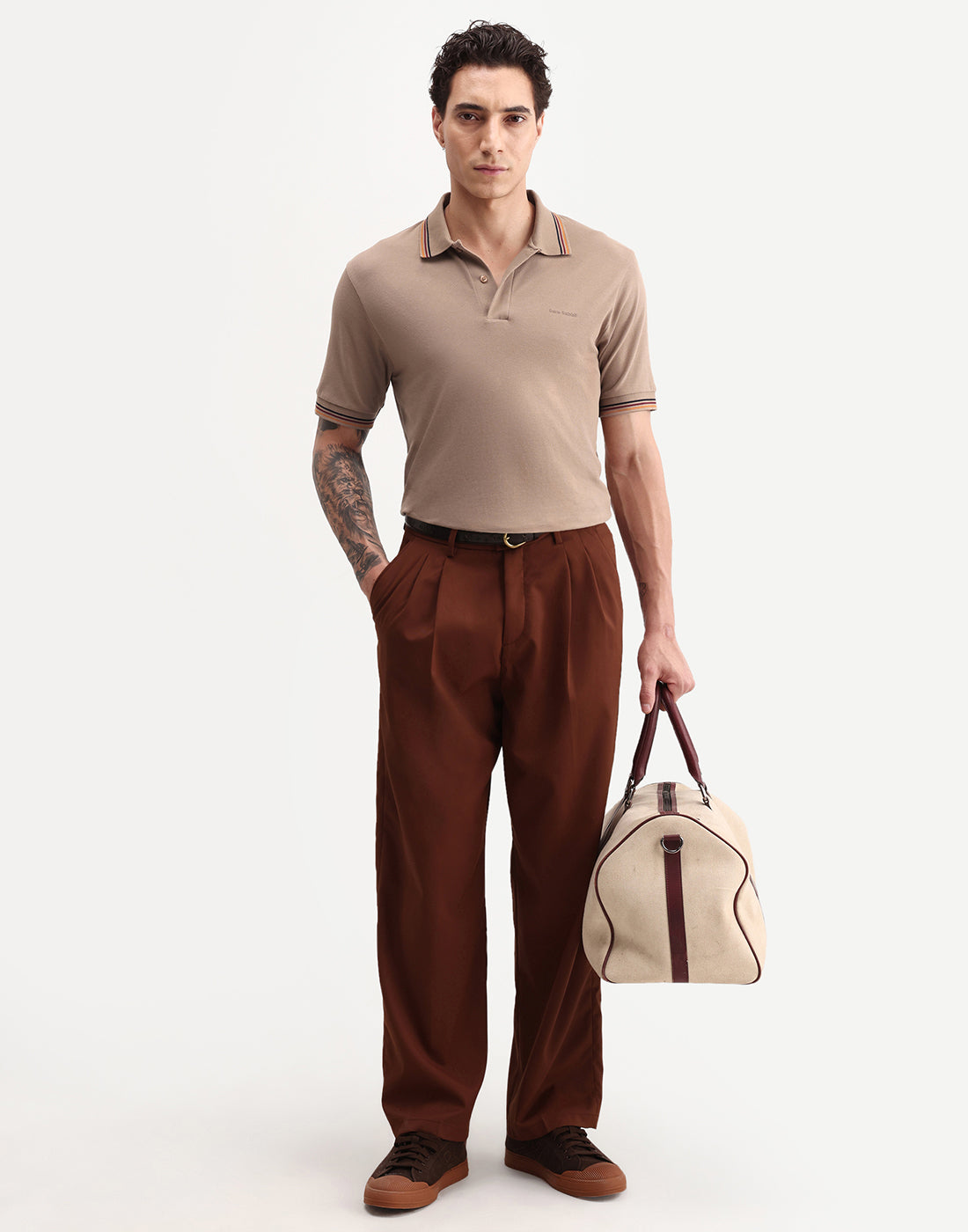 Rare Rabbit Men's Dren Dusky Brown Cotton Blend Spread Collar Regular Plain Polo