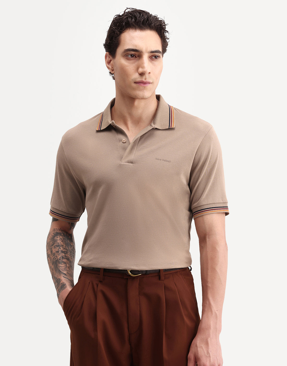 Rare Rabbit Men's Dren Dusky Brown Cotton Blend Spread Collar Regular Plain Polo