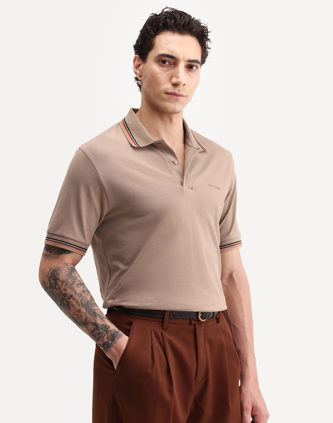 Rare Rabbit Men's Dren Dusky Brown Cotton Blend Spread Collar Regular Plain Polo