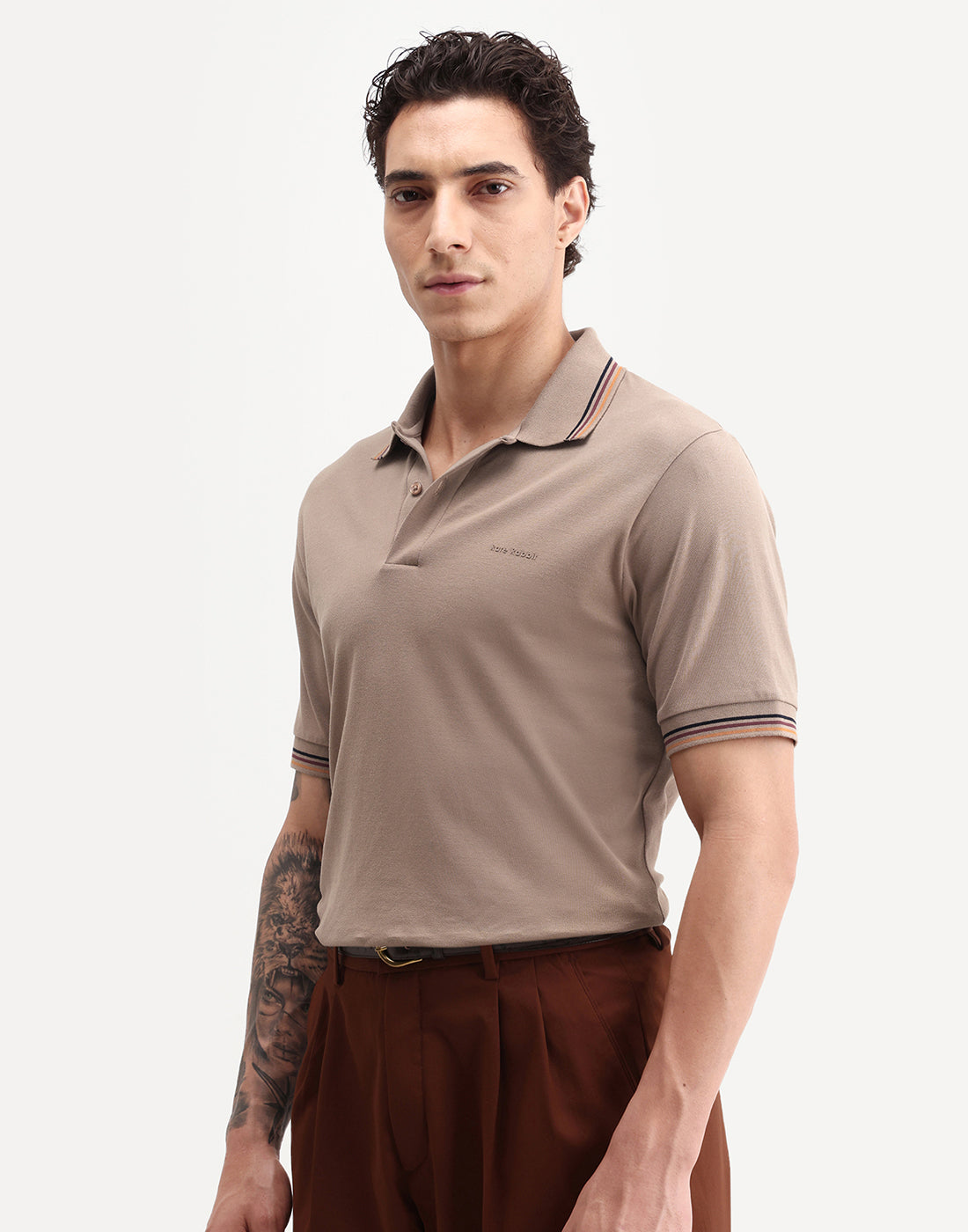 Rare Rabbit Men's Dren Dusky Brown Cotton Blend Spread Collar Regular Plain Polo