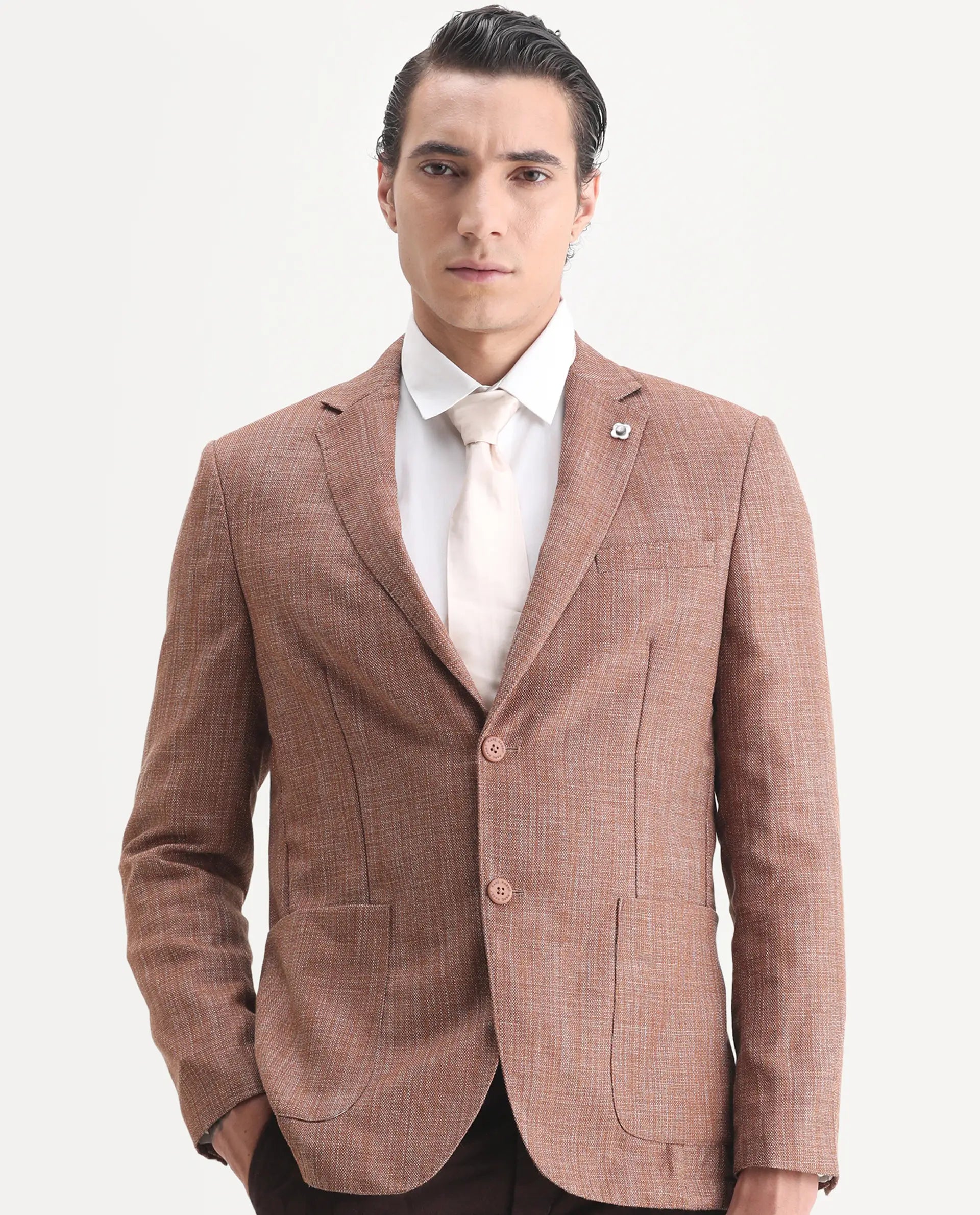 Rare Rabbit Men's Drew Brown Polyester Plain Tailored Fit Full Sleeve Lapel Neck Blazer