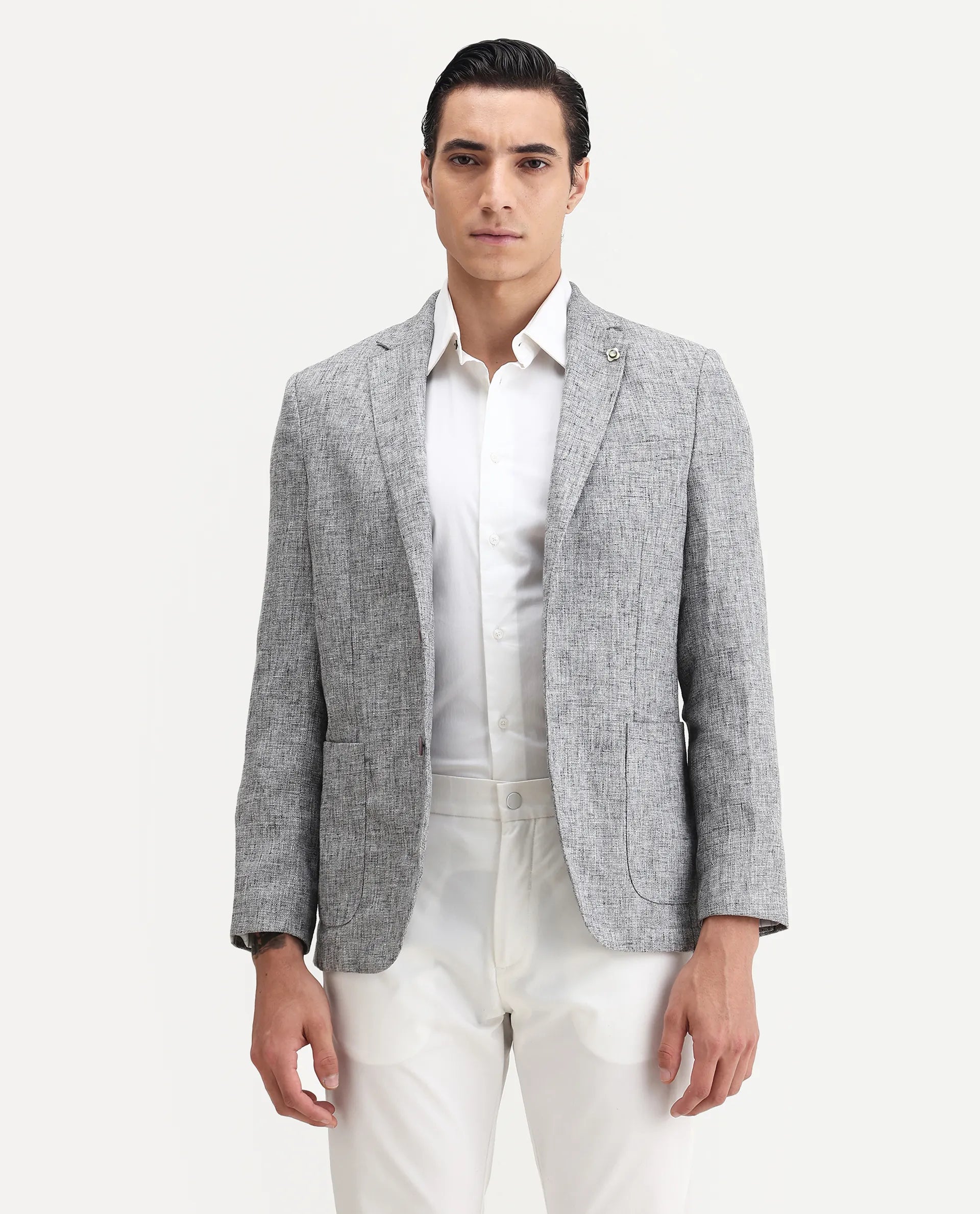 Rare Rabbit Men's Drew Grey Polyester Plain Tailored Fit Full Sleeve Lapel Neck Blazer