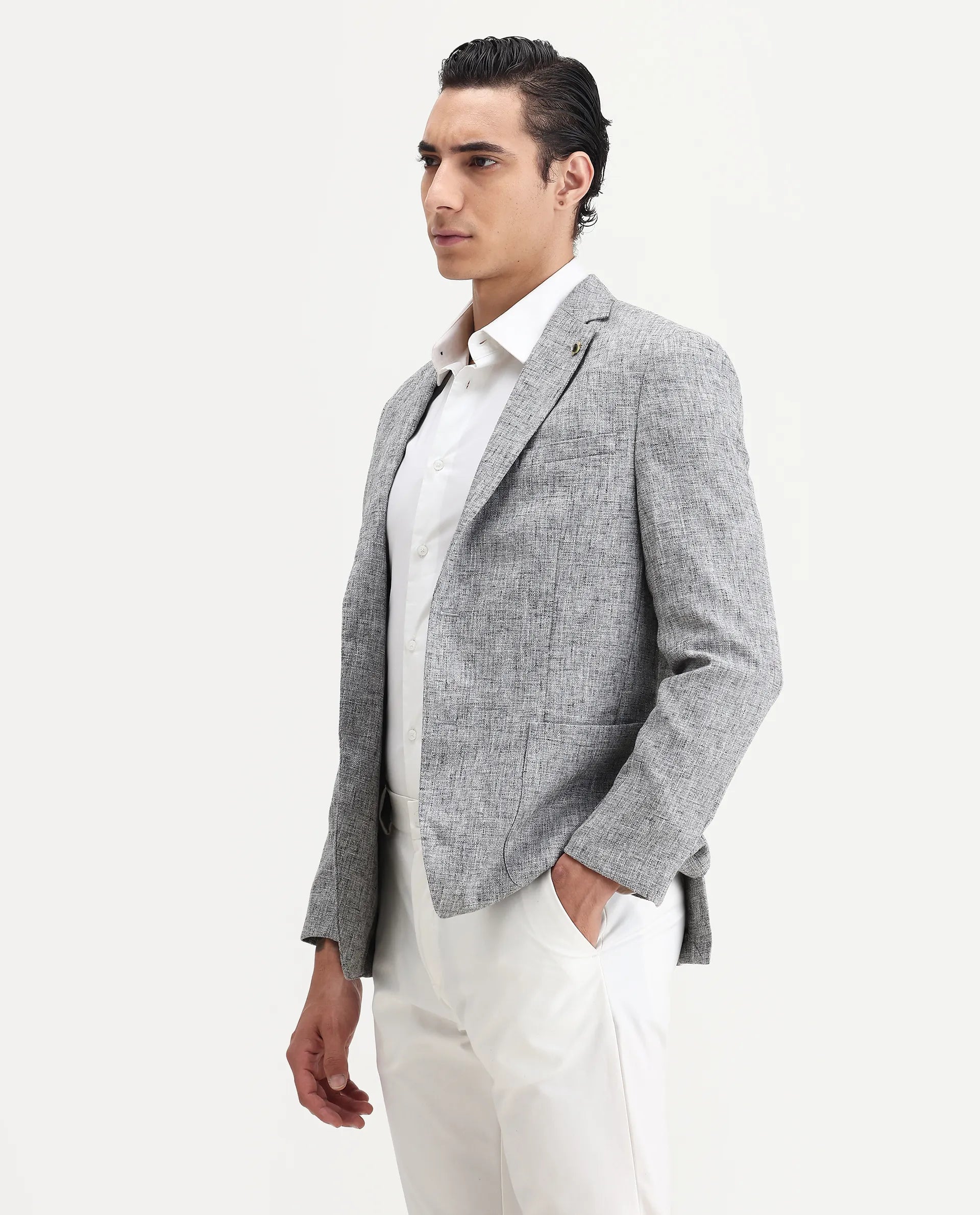 Rare Rabbit Men's Drew Grey Polyester Plain Tailored Fit Full Sleeve Lapel Neck Blazer