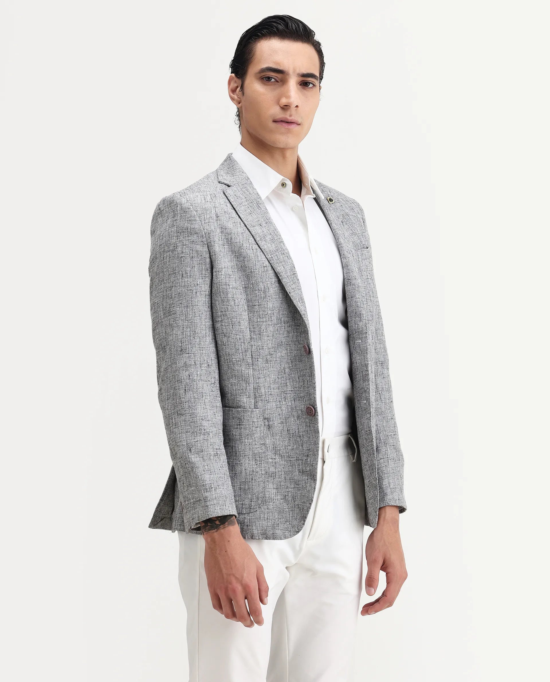 Rare Rabbit Men's Drew Grey Polyester Plain Tailored Fit Full Sleeve Lapel Neck Blazer