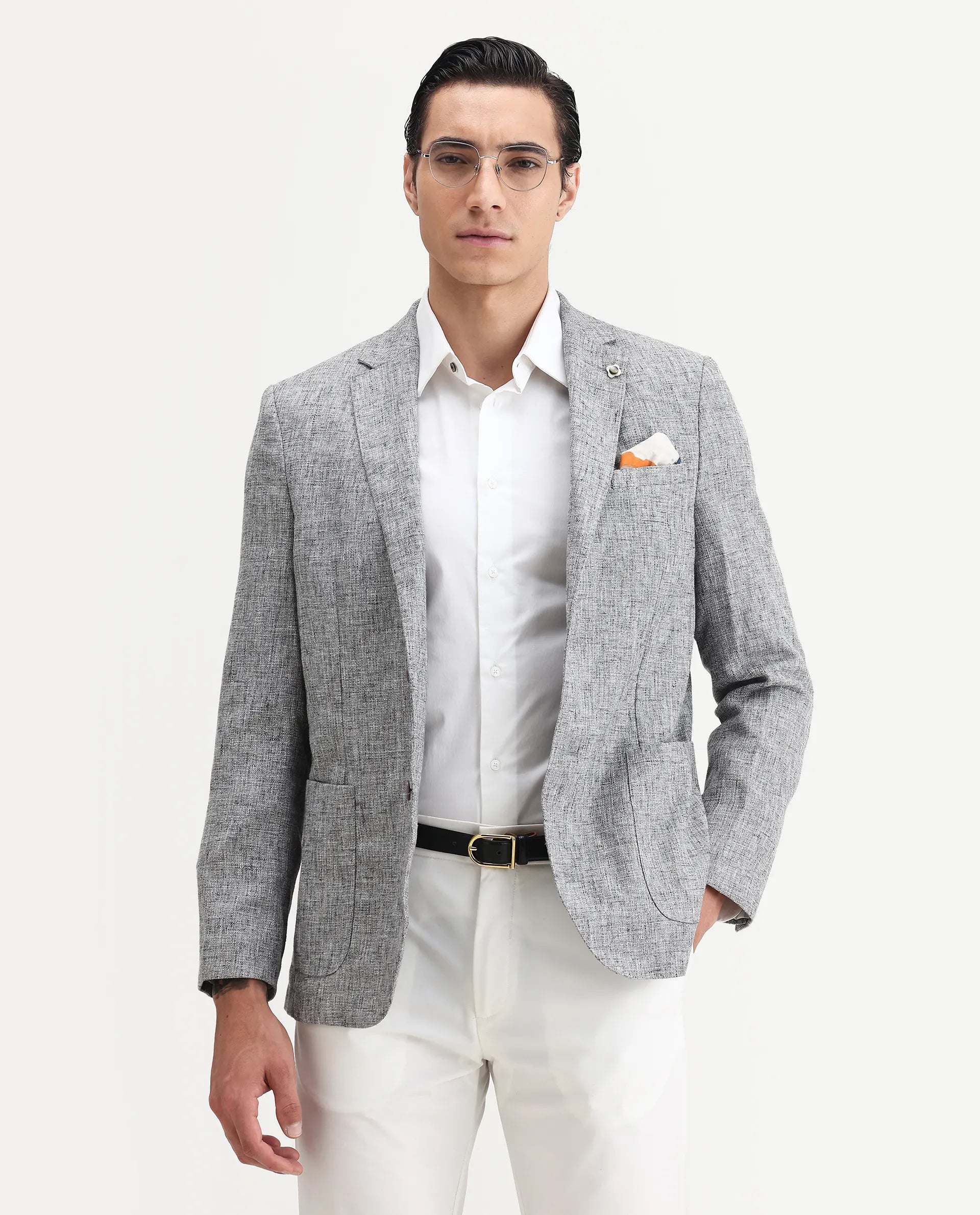 Rare Rabbit Men's Drew Grey Polyester Plain Tailored Fit Full Sleeve Lapel Neck Blazer