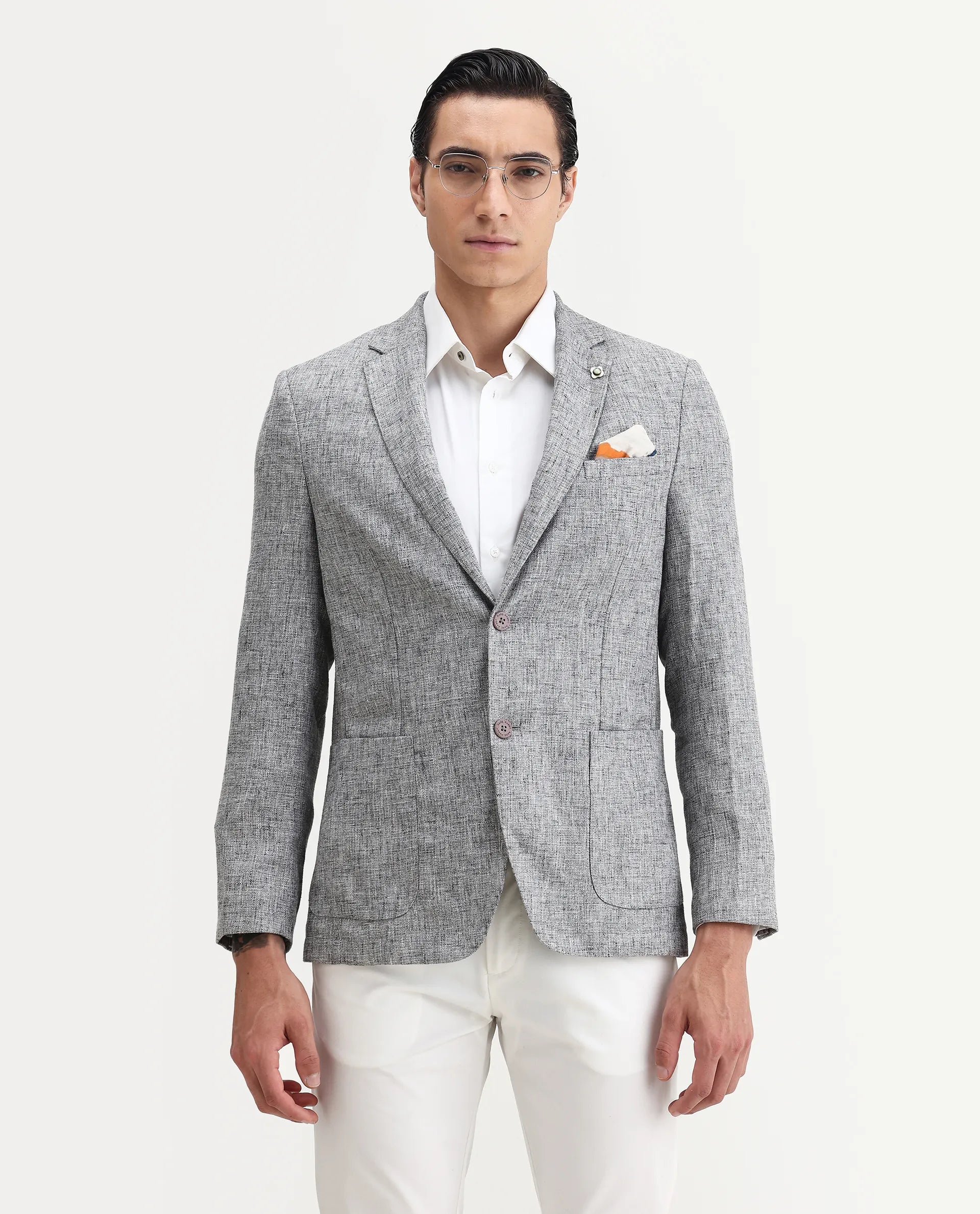 Rare Rabbit Men's Drew Grey Polyester Plain Tailored Fit Full Sleeve Lapel Neck Blazer