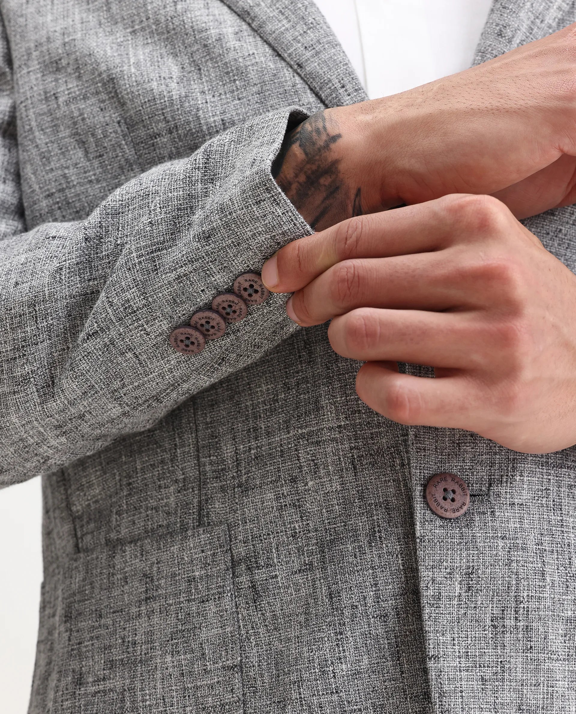 Rare Rabbit Men's Drew Grey Polyester Plain Tailored Fit Full Sleeve Lapel Neck Blazer