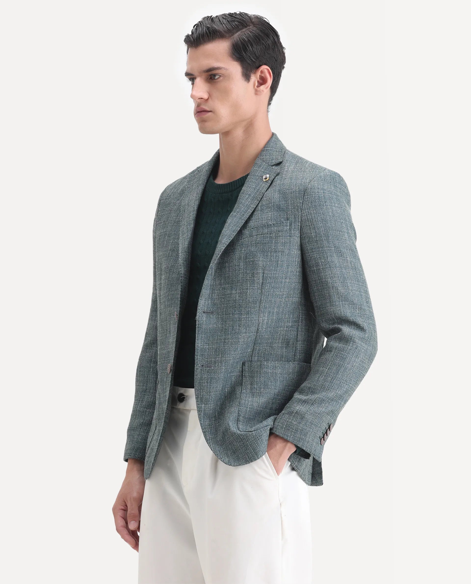 Rare Rabbit Men's Drew Olive Polyester Plain Tailored Fit Full Sleeve Lapel Neck Blazer