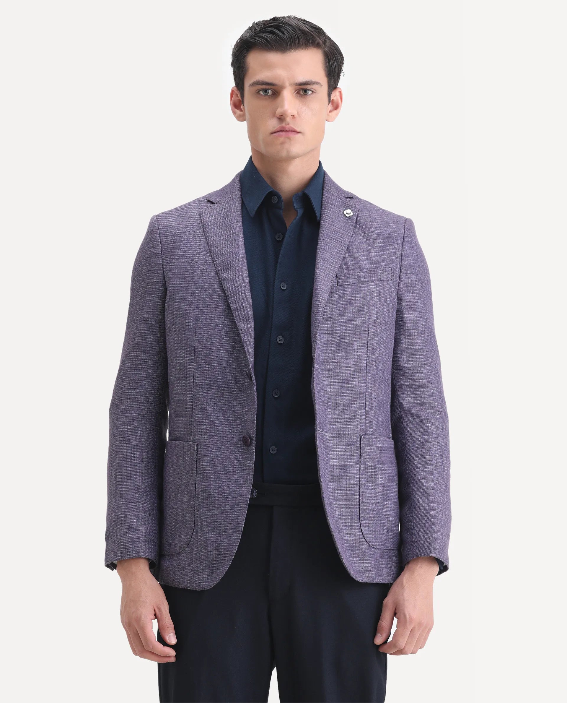 Rare Rabbit Men's Drew Purple Polyester Plain Tailored Fit Full Sleeve Lapel Neck Blazer