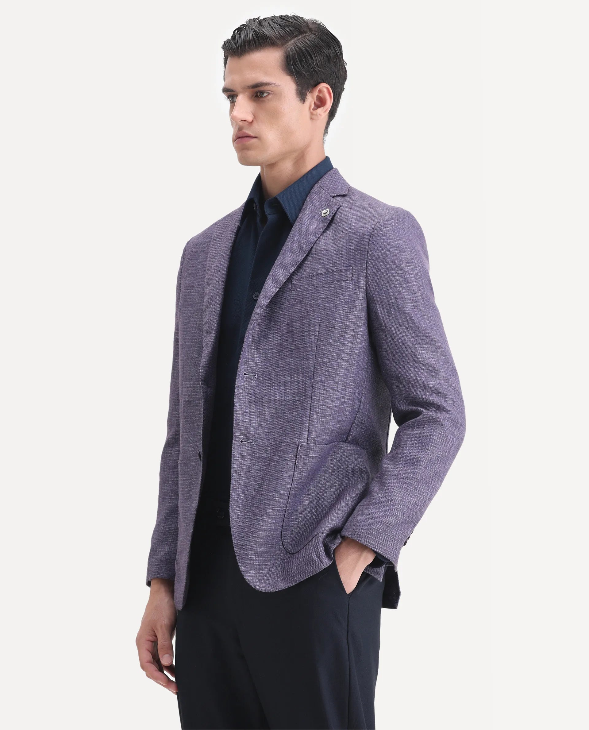 Rare Rabbit Men's Drew Purple Polyester Plain Tailored Fit Full Sleeve Lapel Neck Blazer