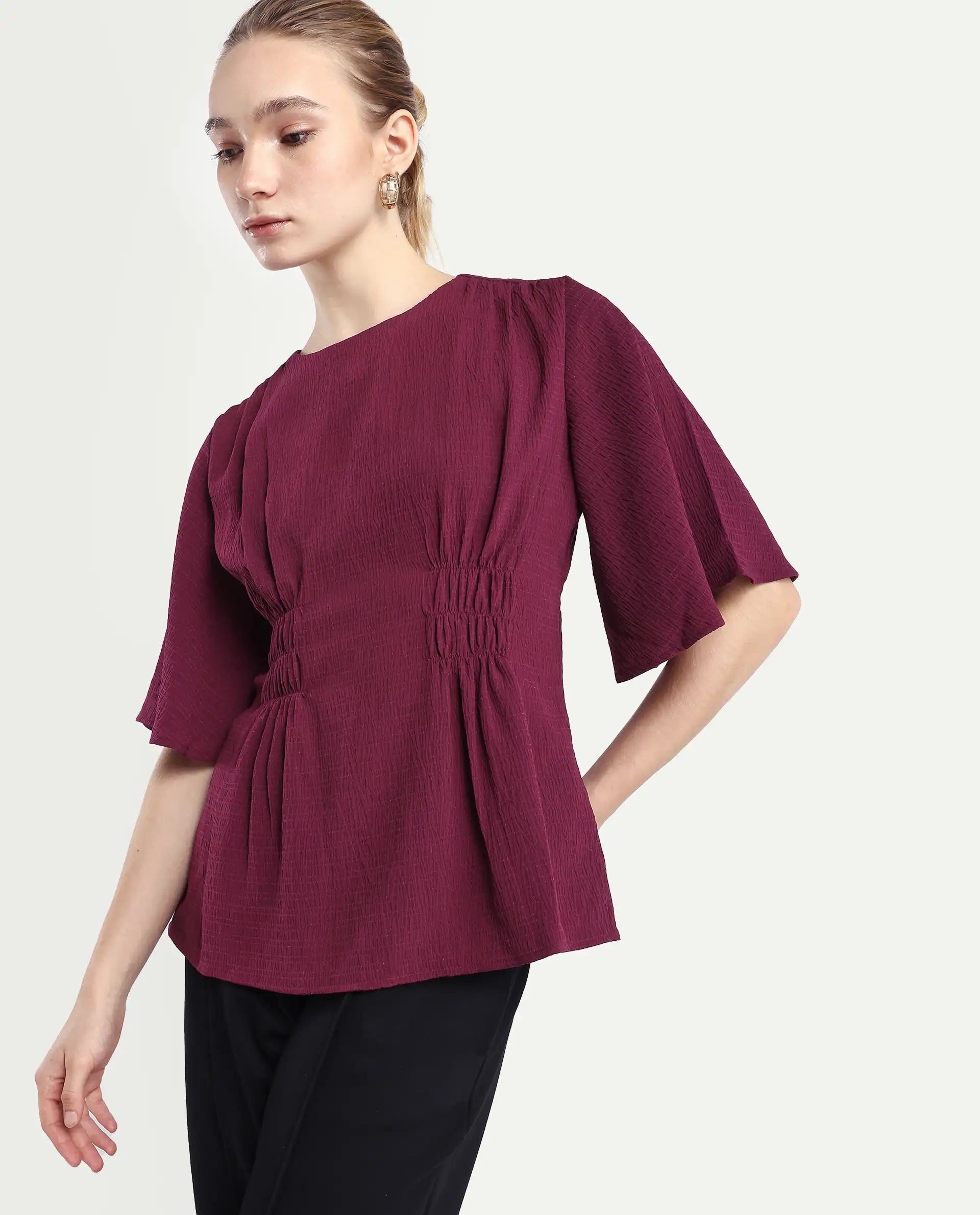 Rareism Women's Drib Dark Red Polyester Crew Neck Plain Bell Sleeve Regular Fit Top