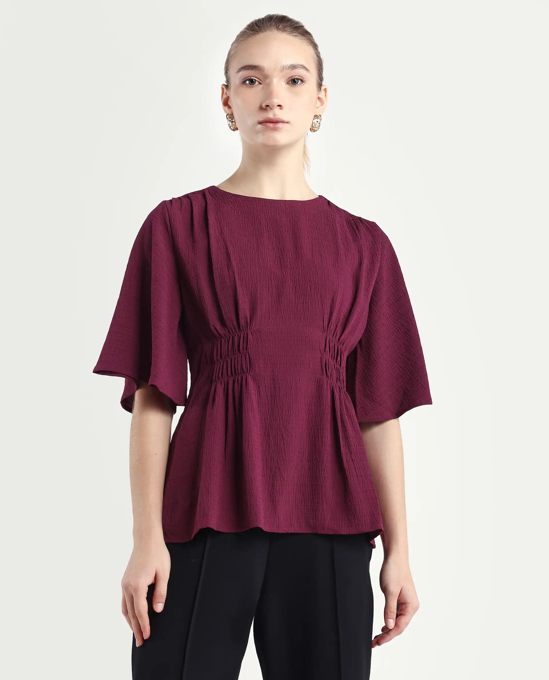 Rareism Women's Drib Dark Red Polyester Crew Neck Plain Bell Sleeve Regular Fit Top