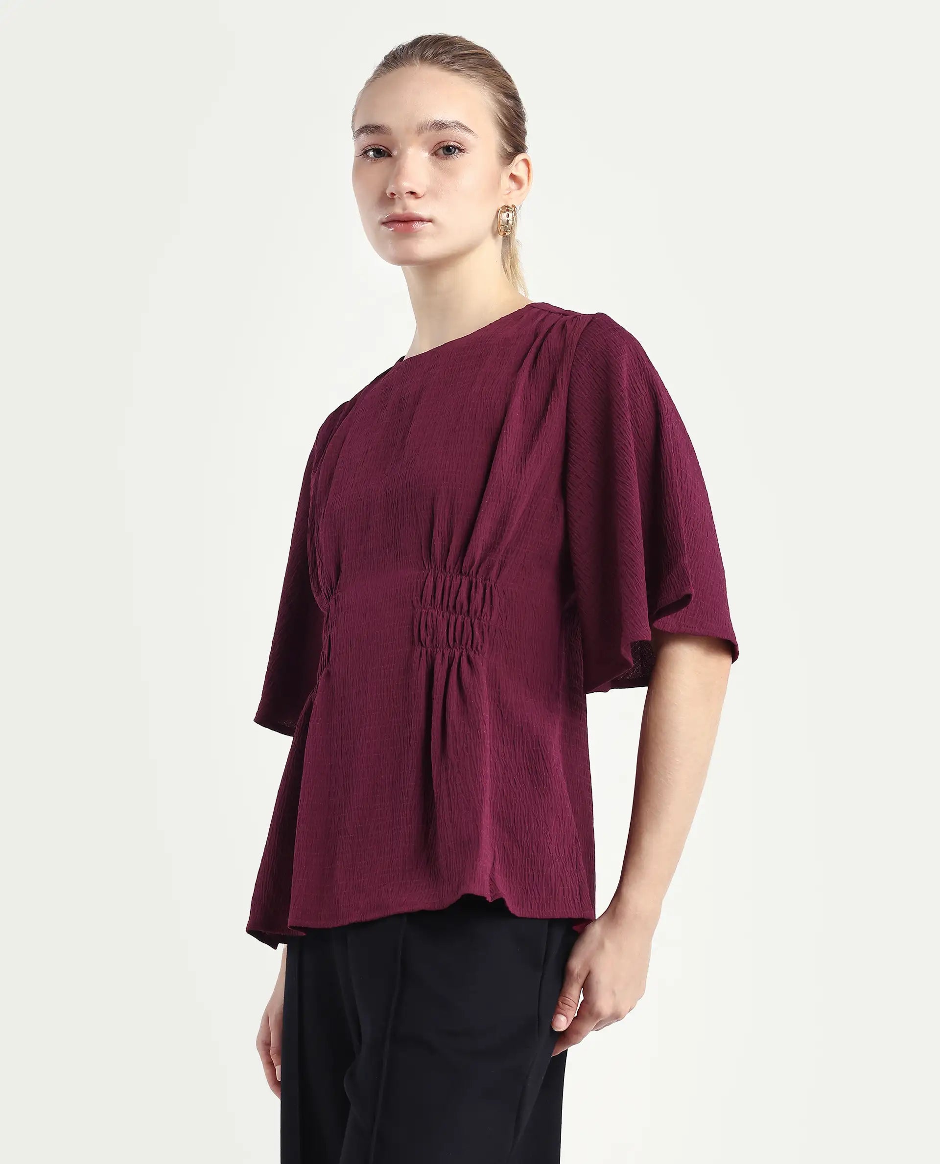 Rareism Women's Drib Dark Red Polyester Crew Neck Plain Bell Sleeve Regular Fit Top