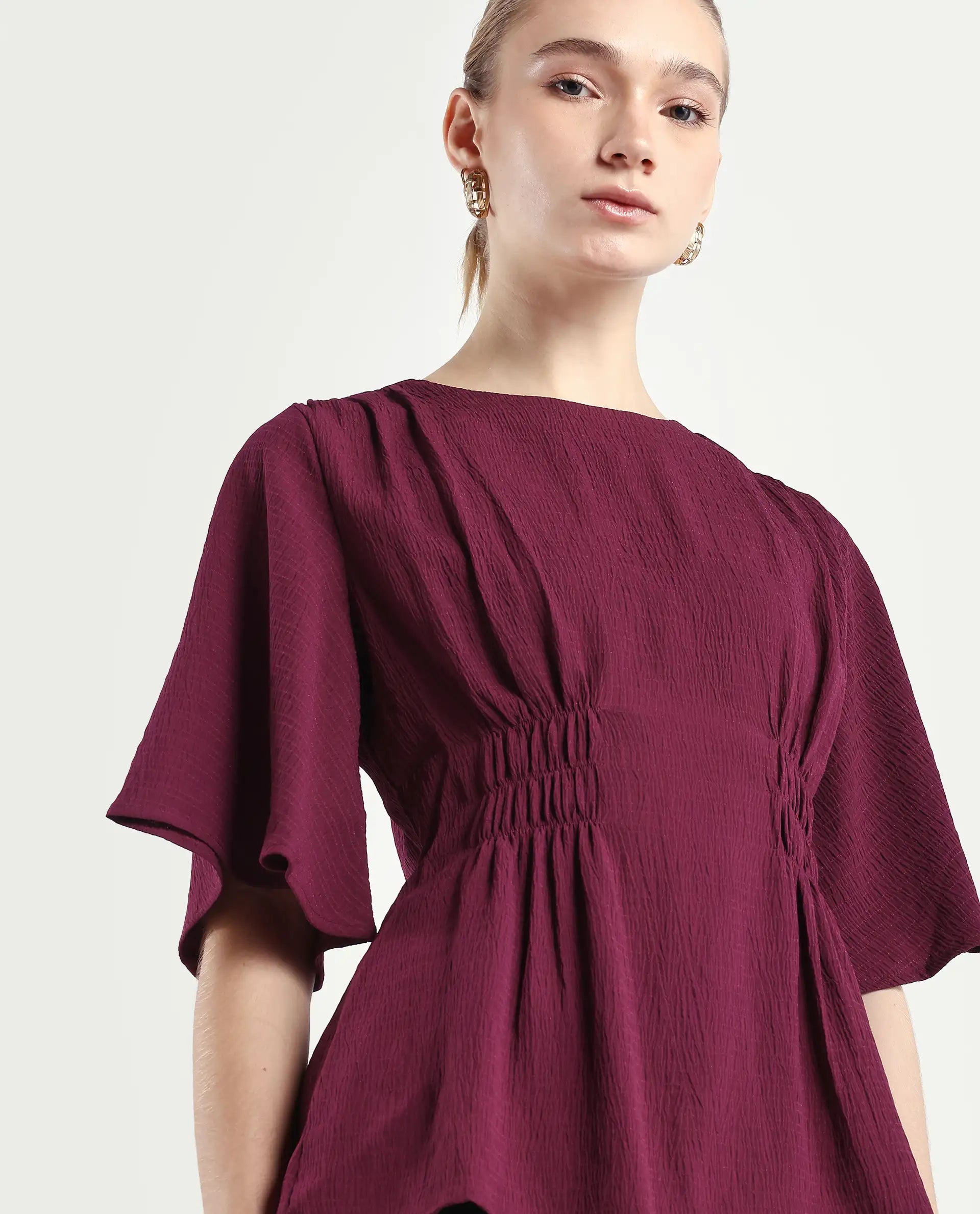 Rareism Women's Drib Dark Red Polyester Crew Neck Plain Bell Sleeve Regular Fit Top