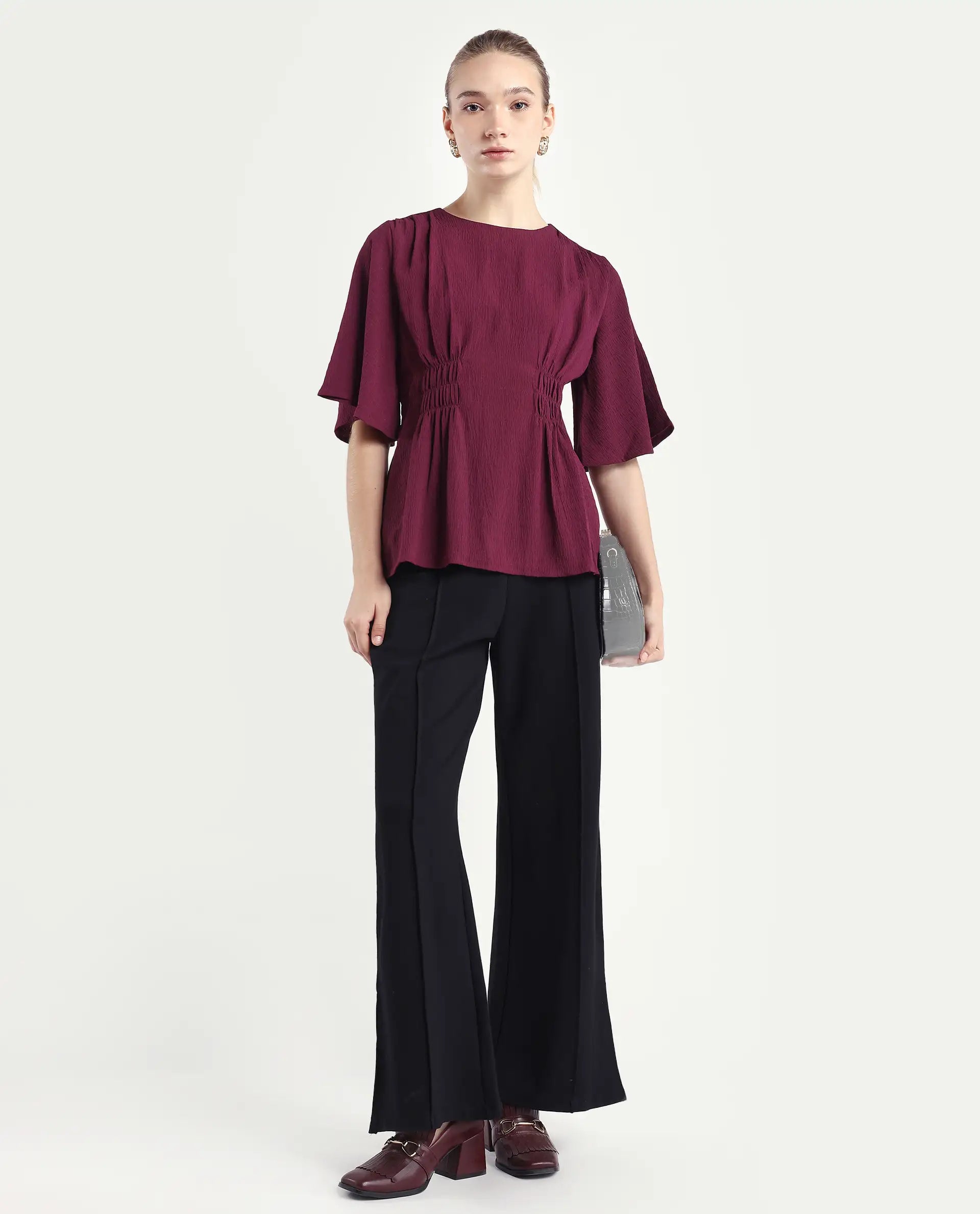 Rareism Women's Drib Dark Red Polyester Crew Neck Plain Bell Sleeve Regular Fit Top