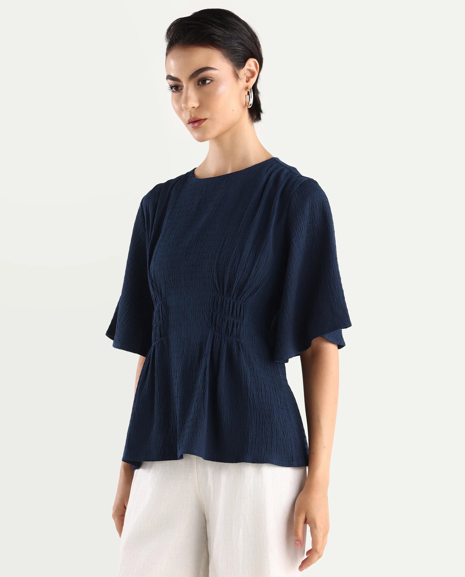 Rareism Women's Dring Navy Polyester Crew Neck Plain Bell Sleeve Regular Fit Top