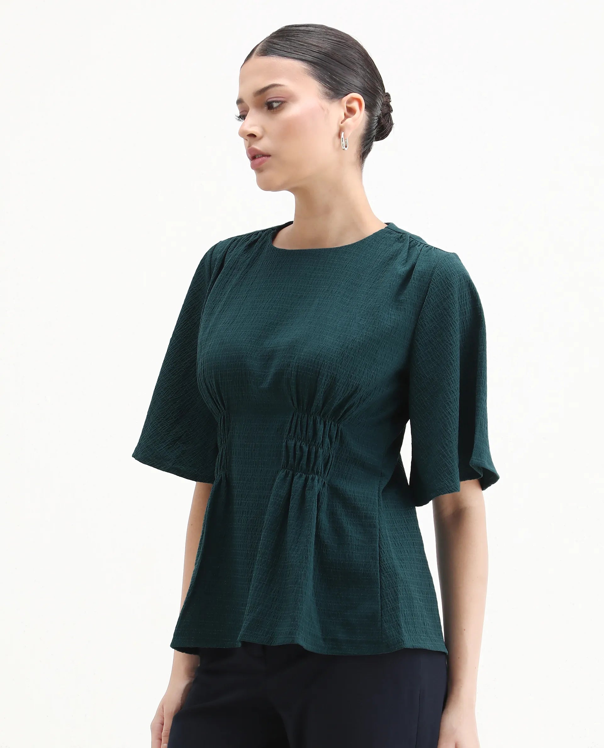 Rareism Women's Drin Petrol Polyester Crew Neck Plain Bell Sleeve Regular Fit Top