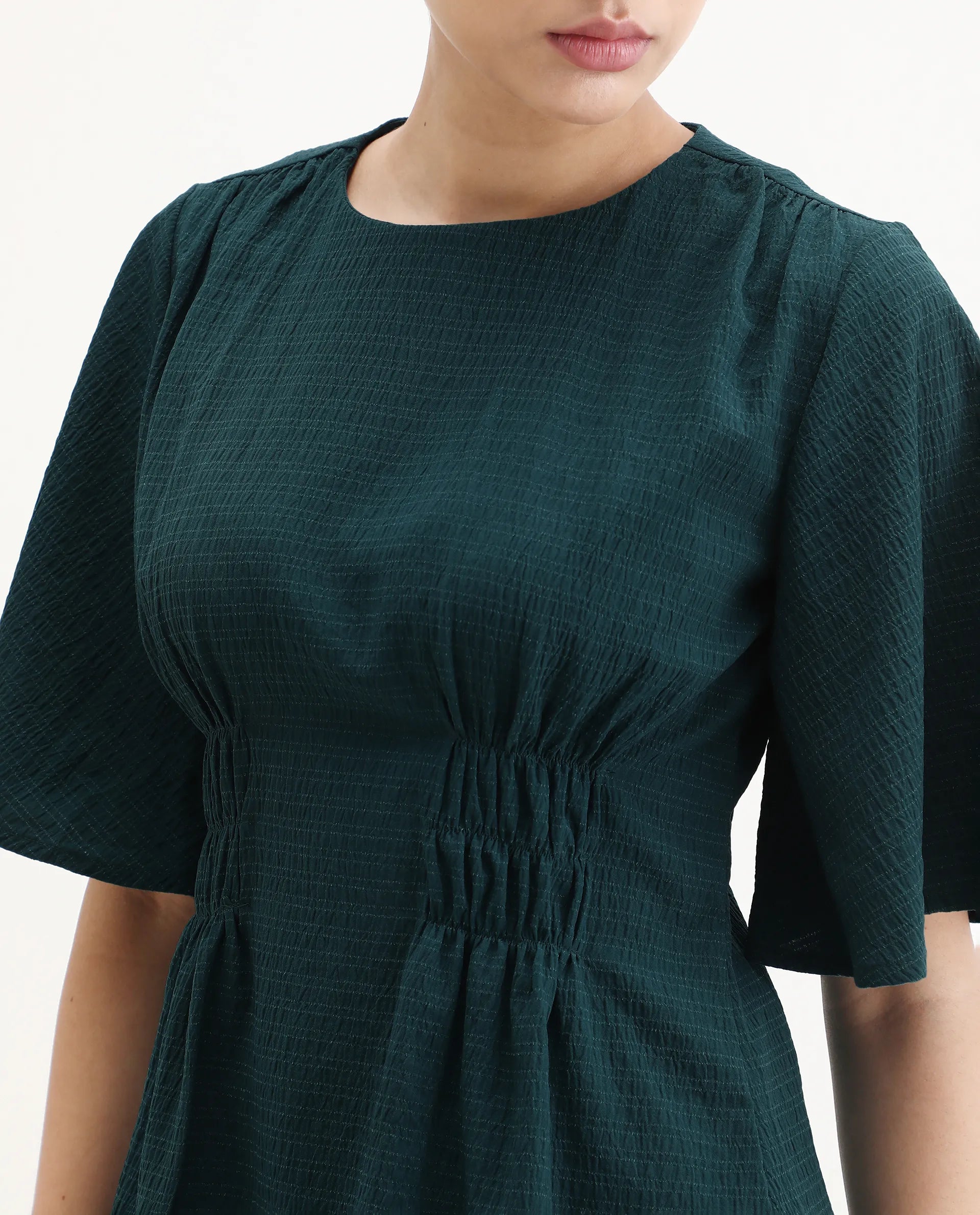 Rareism Women's Drin Petrol Polyester Crew Neck Plain Bell Sleeve Regular Fit Top