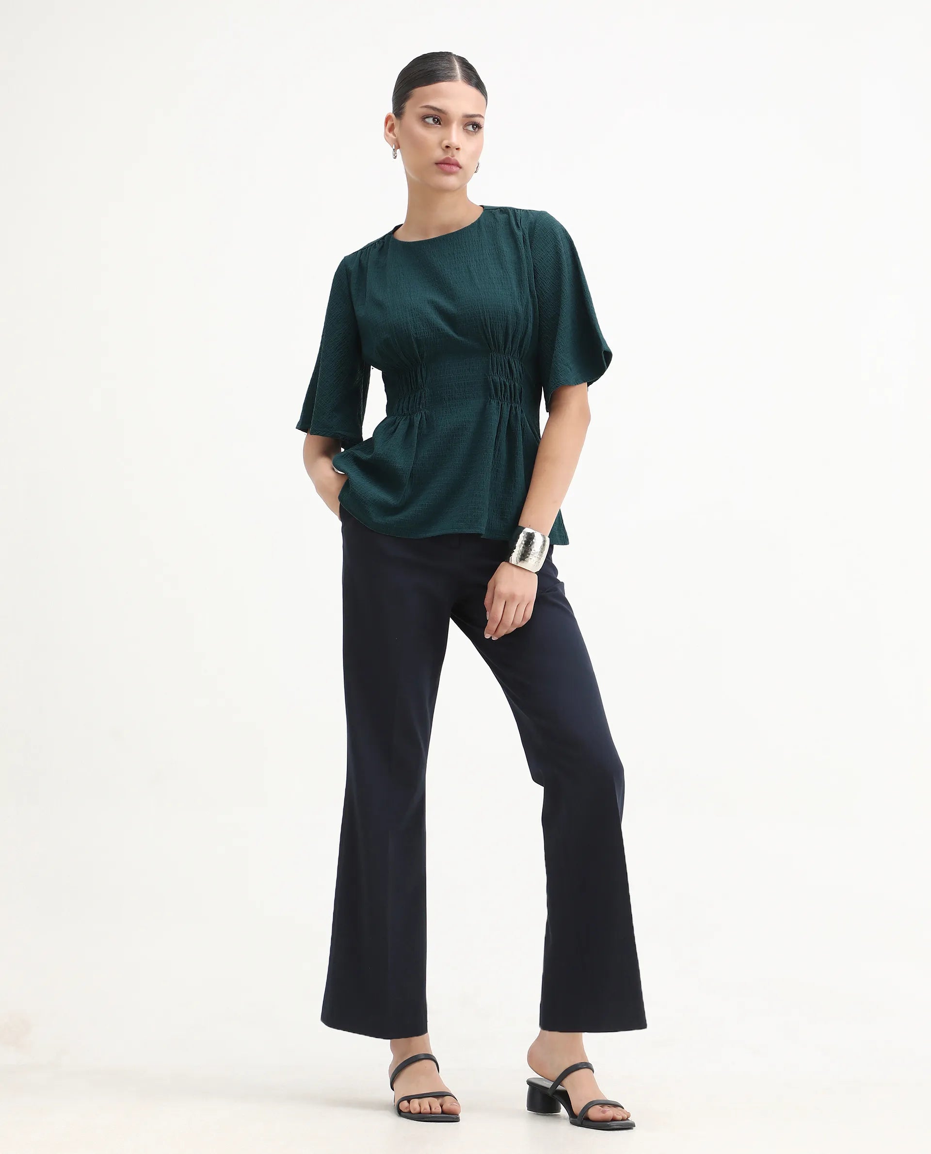 Rareism Women's Drin Petrol Polyester Crew Neck Plain Bell Sleeve Regular Fit Top