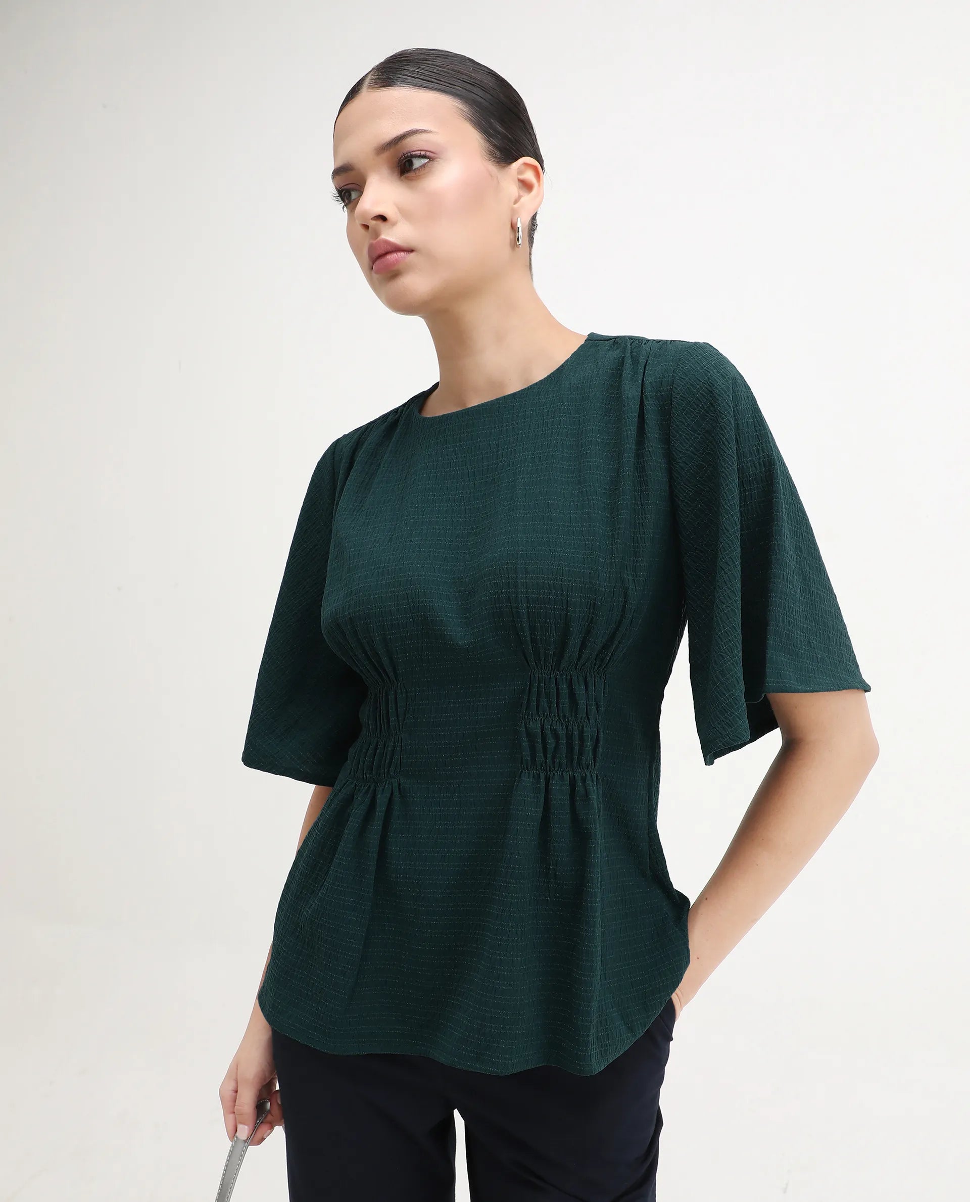 Rareism Women's Drin Petrol Polyester Crew Neck Plain Bell Sleeve Regular Fit Top