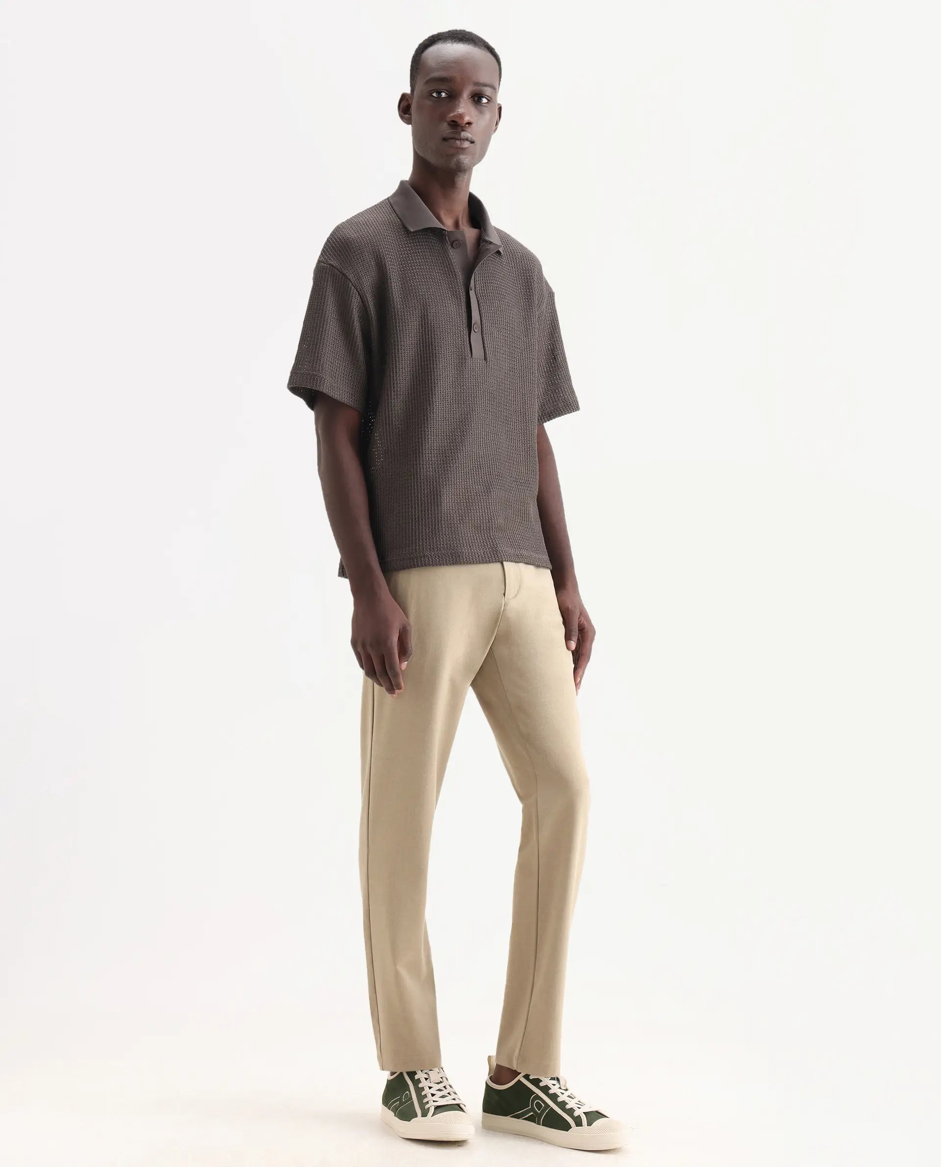 Rare Rabbit Men's Driver-Aw25 Khaki Polyester Blend Plain Regular Fit Trouser