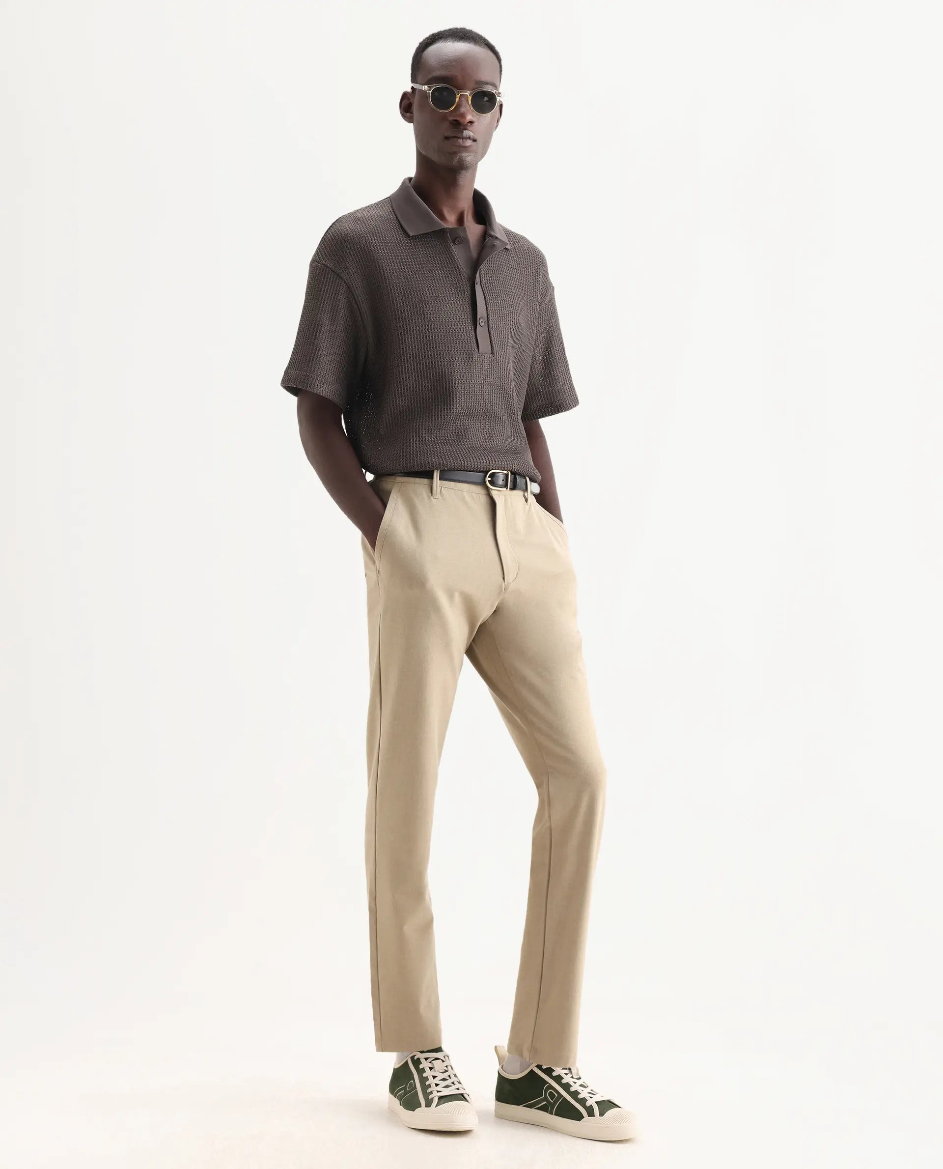 Rare Rabbit Men's Driver-Aw25 Khaki Polyester Blend Plain Regular Fit Trouser