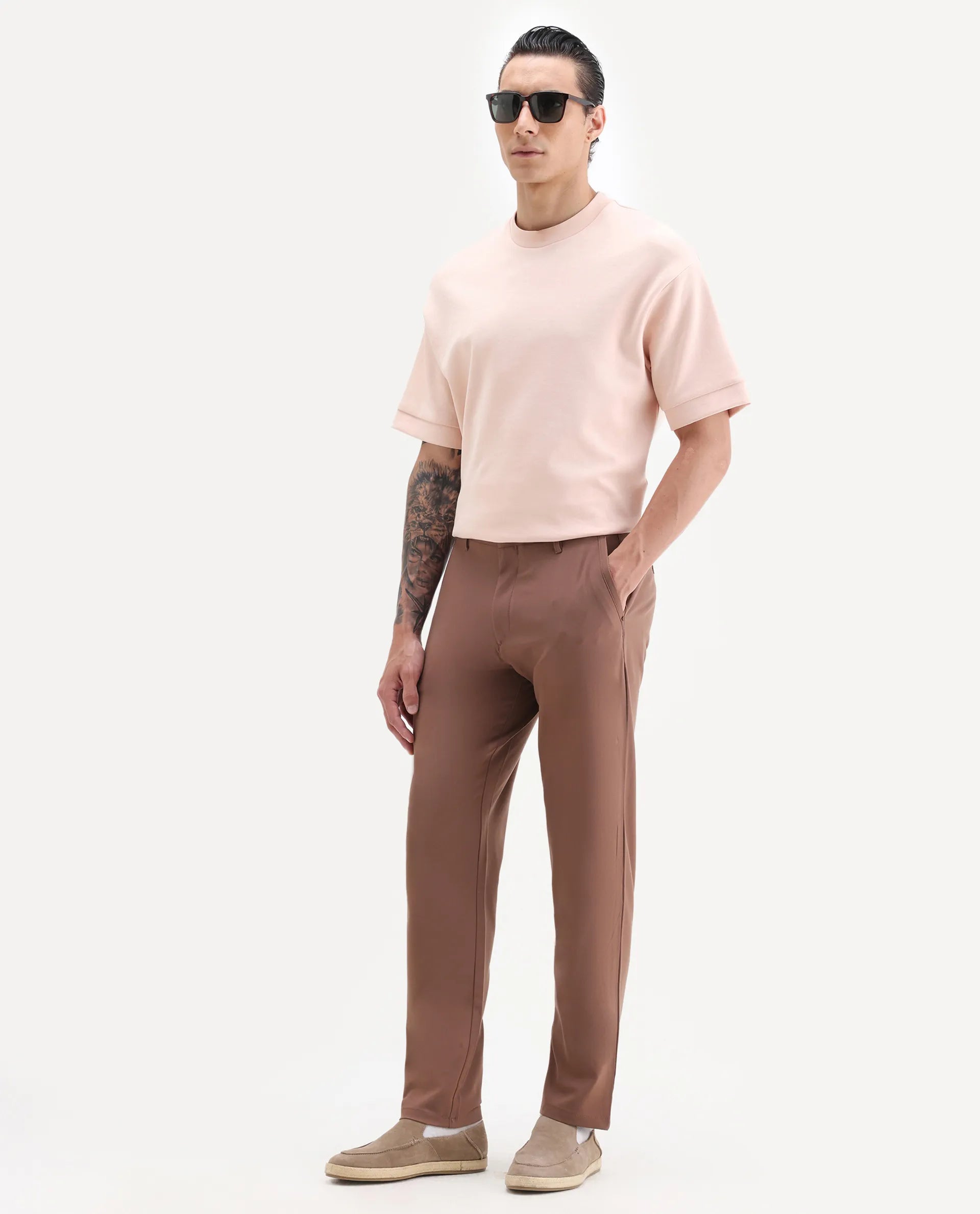 Rare Rabbit Men's Driver-2 Dusky Rust Polyester Blend Plain Regular Fit Trouser