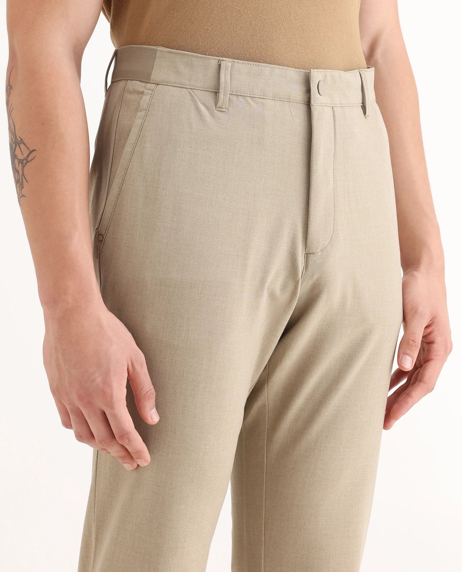 Rare Rabbit Men's Driver-2 Khaki Polyester Blend Plain Regular Fit Trouser