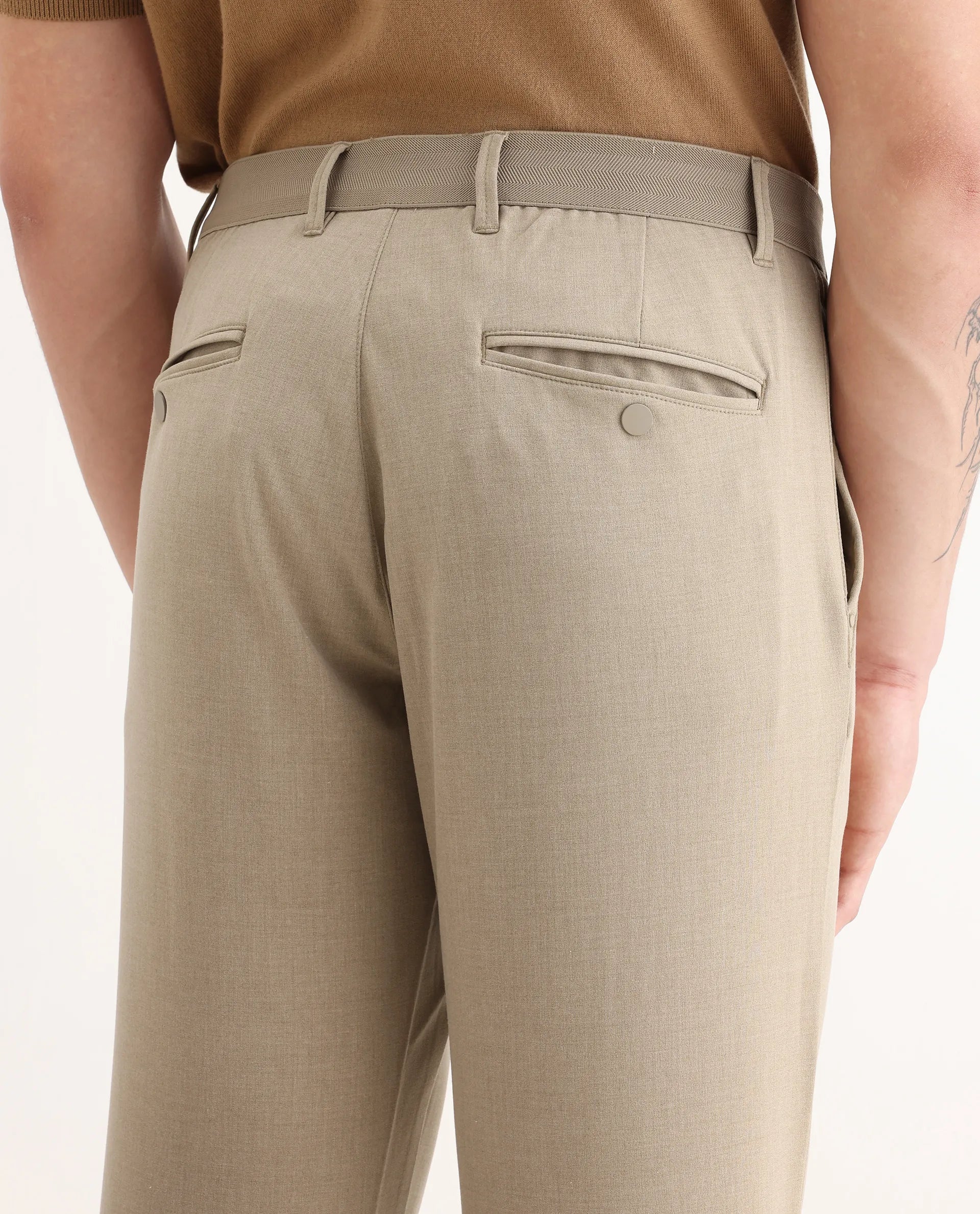 Rare Rabbit Men's Driver-2 Khaki Polyester Blend Plain Regular Fit Trouser