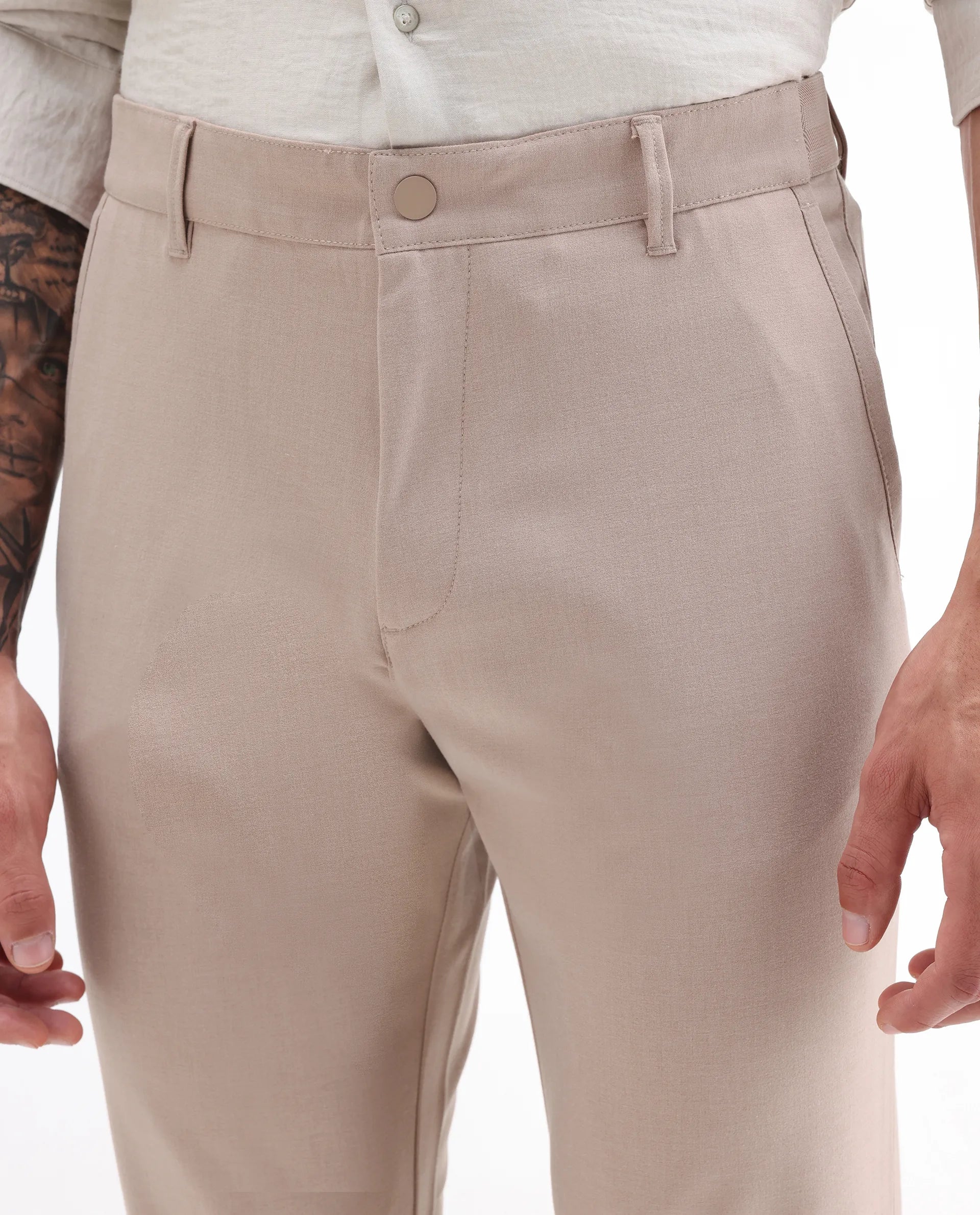 Rare Rabbit Men's Driver-2 Peach Polyester Blend Plain Regular Fit Trouser