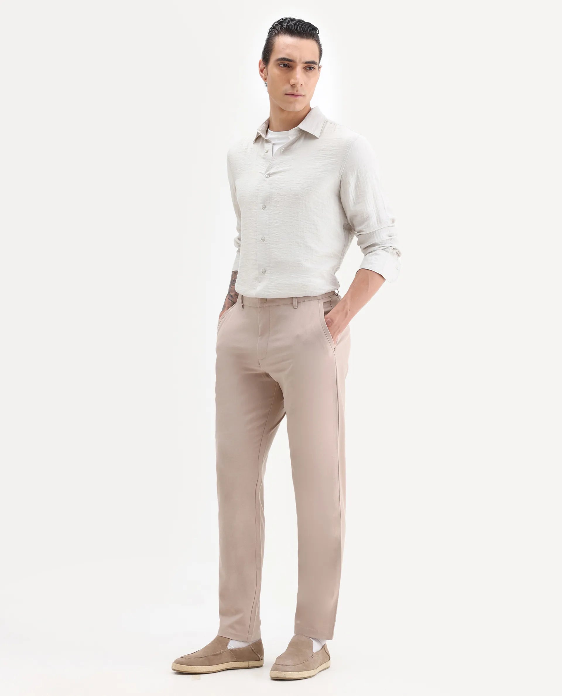 Rare Rabbit Men's Driver-2 Peach Polyester Blend Plain Regular Fit Trouser