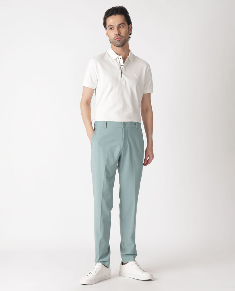 RARE RABBIT MENS DRIVERS PASTEL GREEN TROUSER POLY VISCOSE FABRIC MID RISE WOVEN BUTTON AND ZIP CLOSURE CLEAN DISTRESS REGULAR FIT
