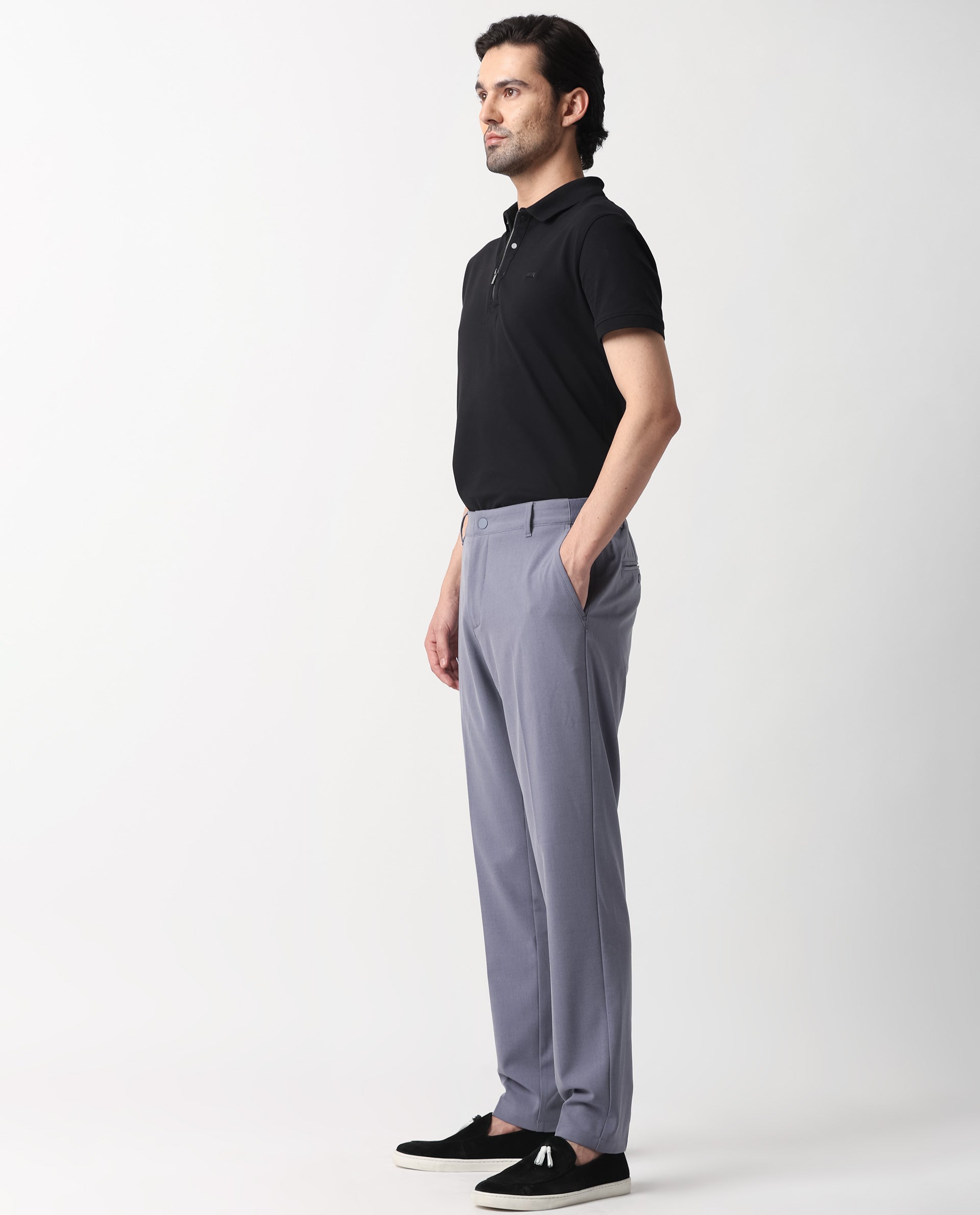 Rare Rabbit Men's Drivers Pastel Purple Mid-Rise Bi-Stretch With Elastic Waistband Regular Fit Trouser