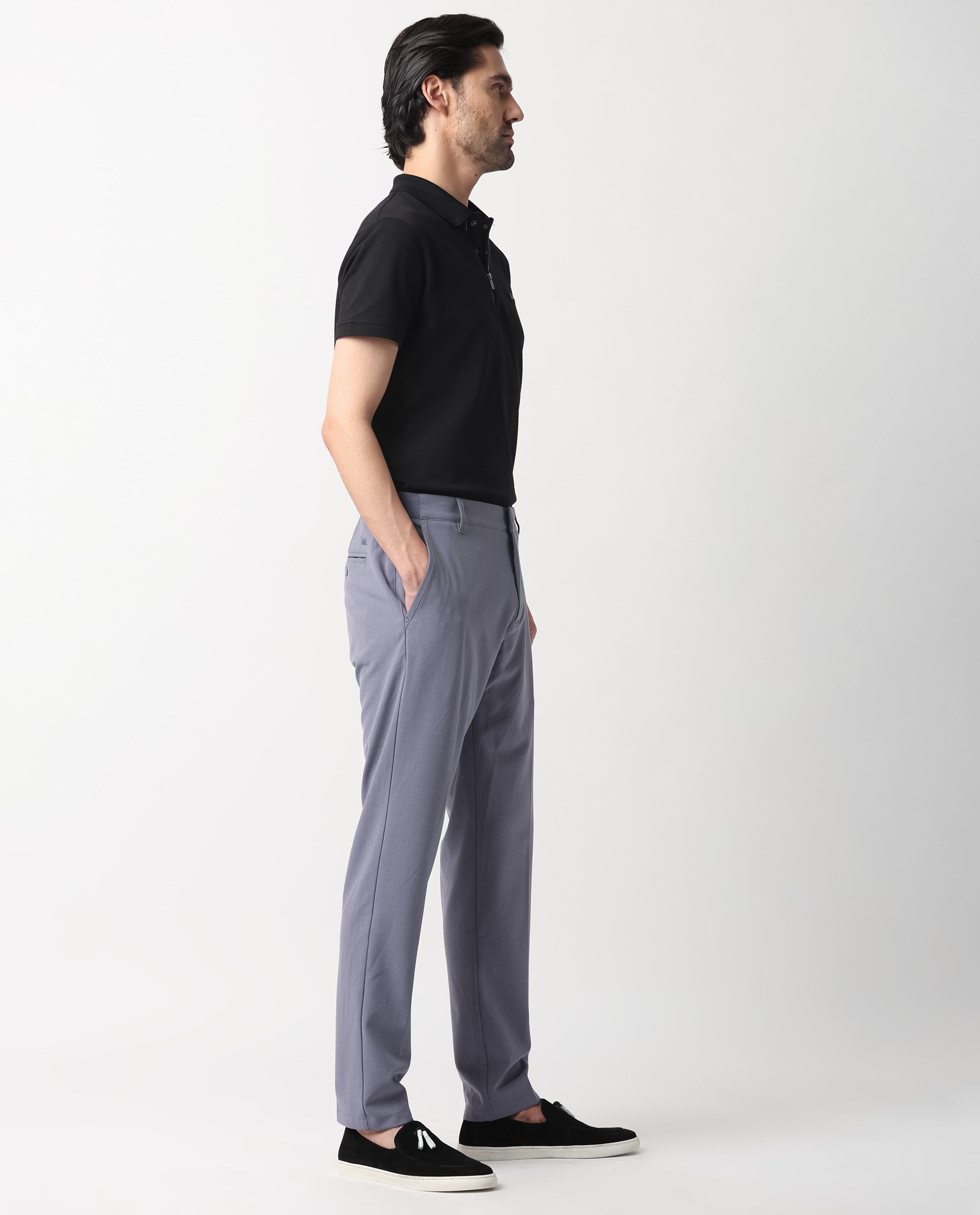 Rare Rabbit Men's Drivers Pastel Purple Mid-Rise Bi-Stretch With Elastic Waistband Regular Fit Trouser