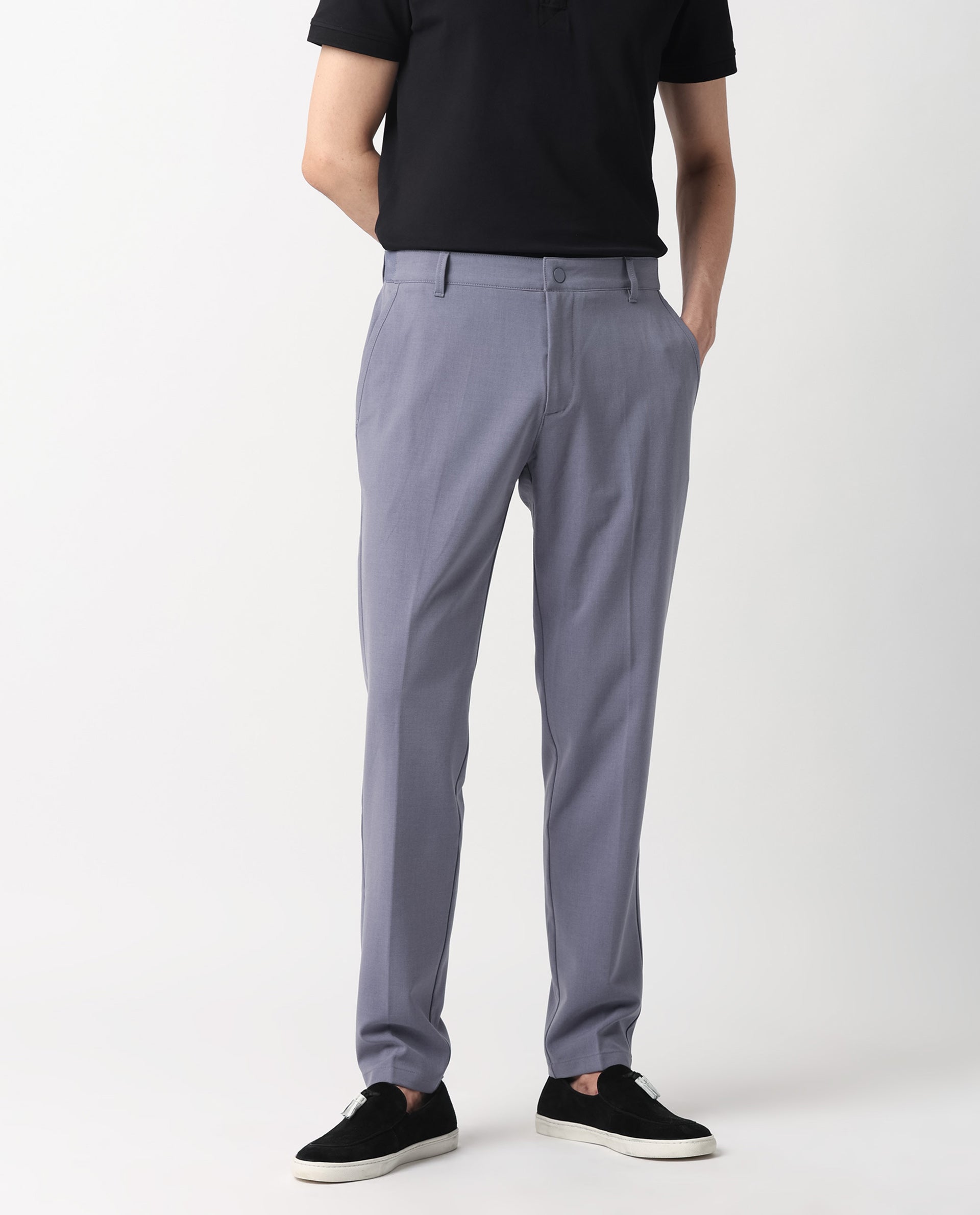 Rare Rabbit Men's Drivers Pastel Purple Mid-Rise Bi-Stretch With Elastic Waistband Regular Fit Trouser