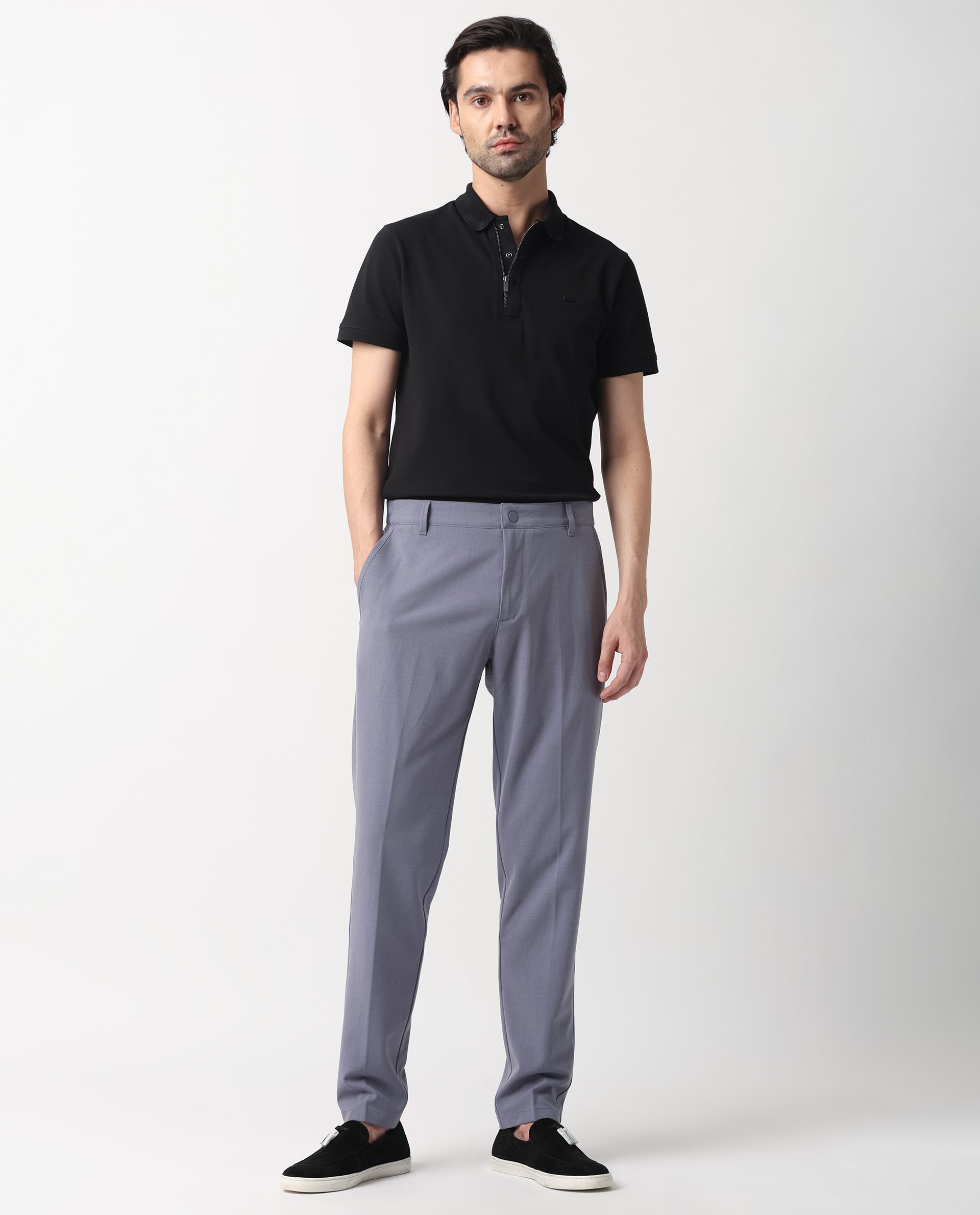 Rare Rabbit Men's Drivers Pastel Purple Mid-Rise Bi-Stretch With Elastic Waistband Regular Fit Trouser