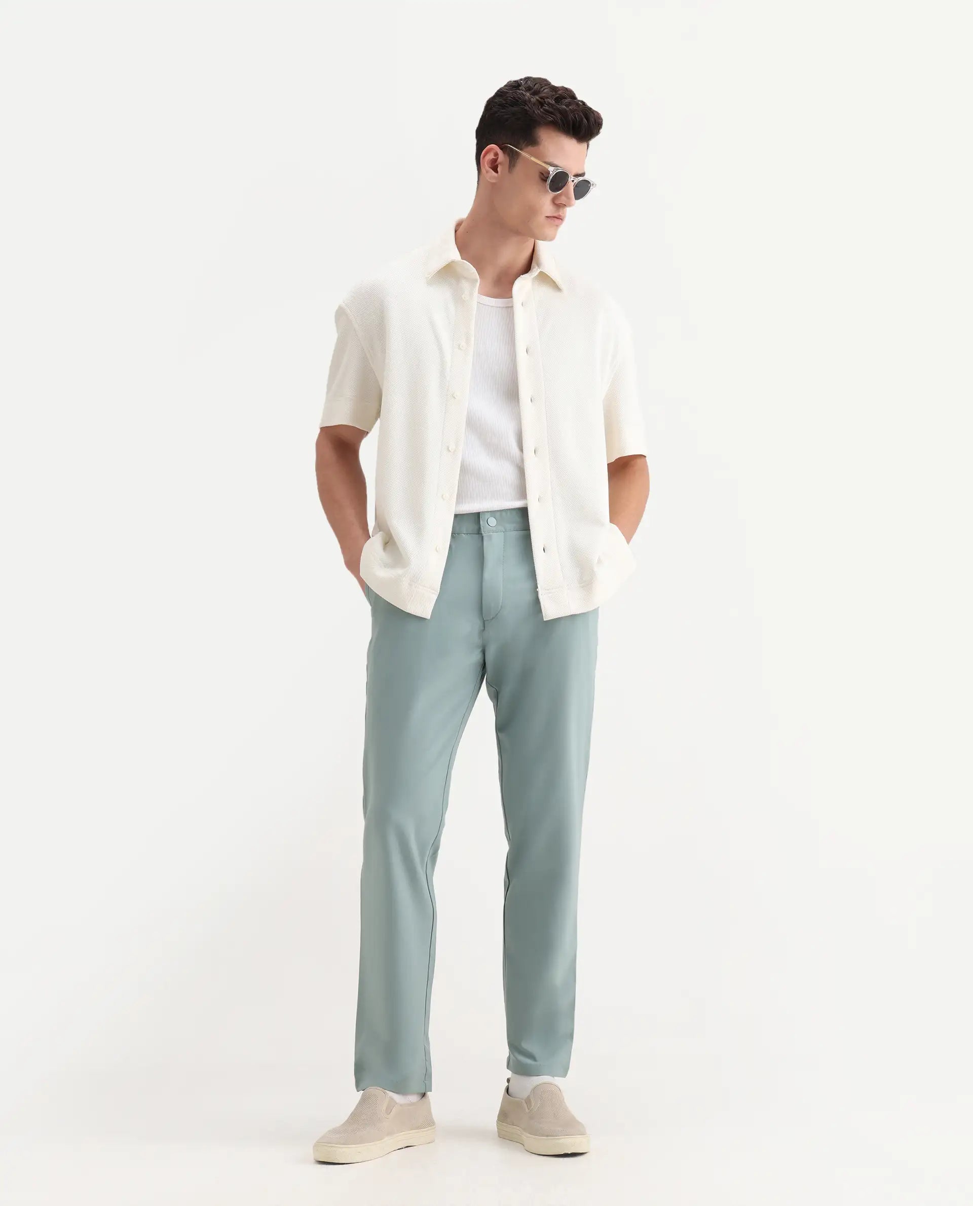 Rare Rabbit Men's Driver-2 Pastel Green Polyester Blend Plain Regular Fit Trouser