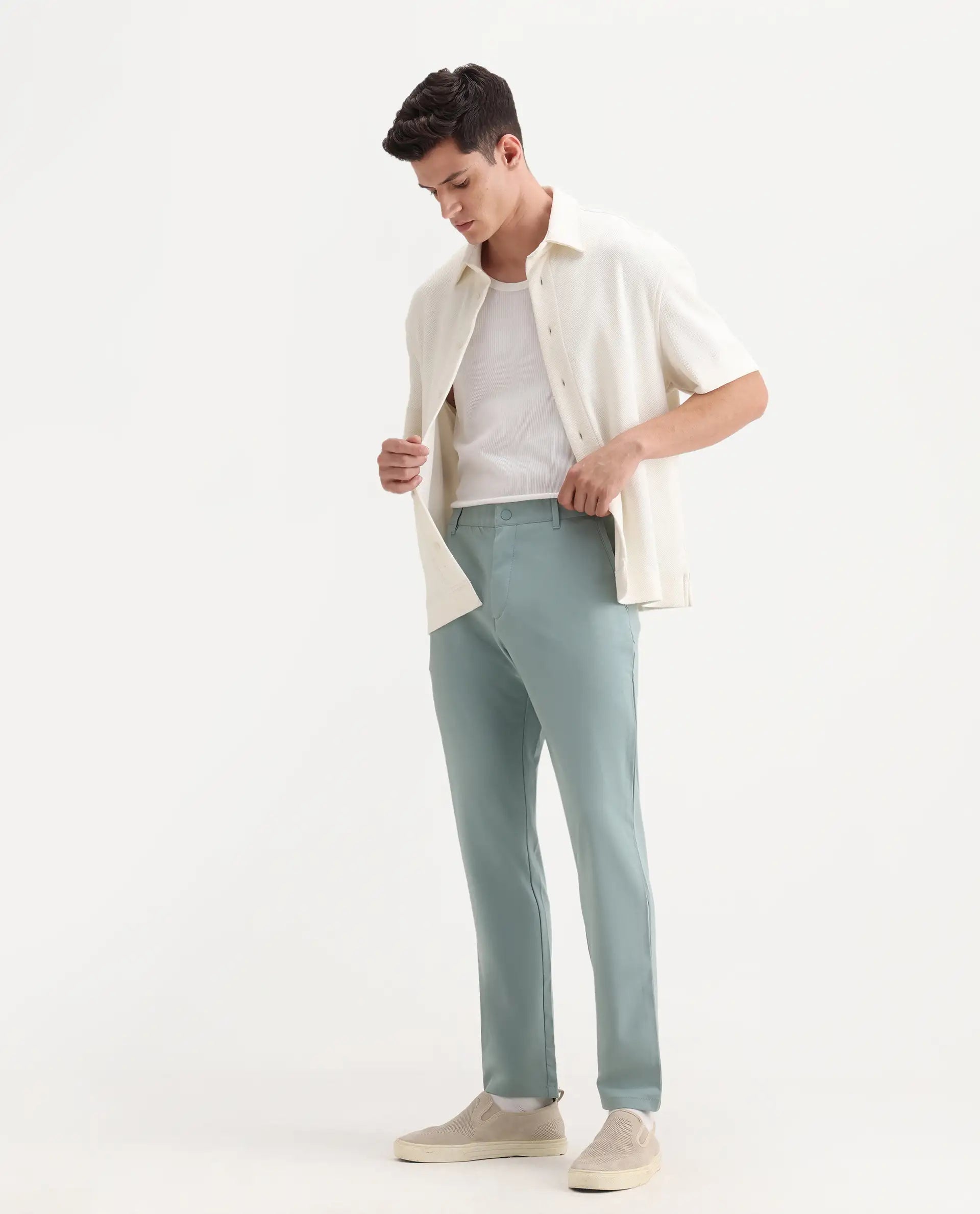 Rare Rabbit Men's Driver-2 Pastel Green Polyester Blend Plain Regular Fit Trouser