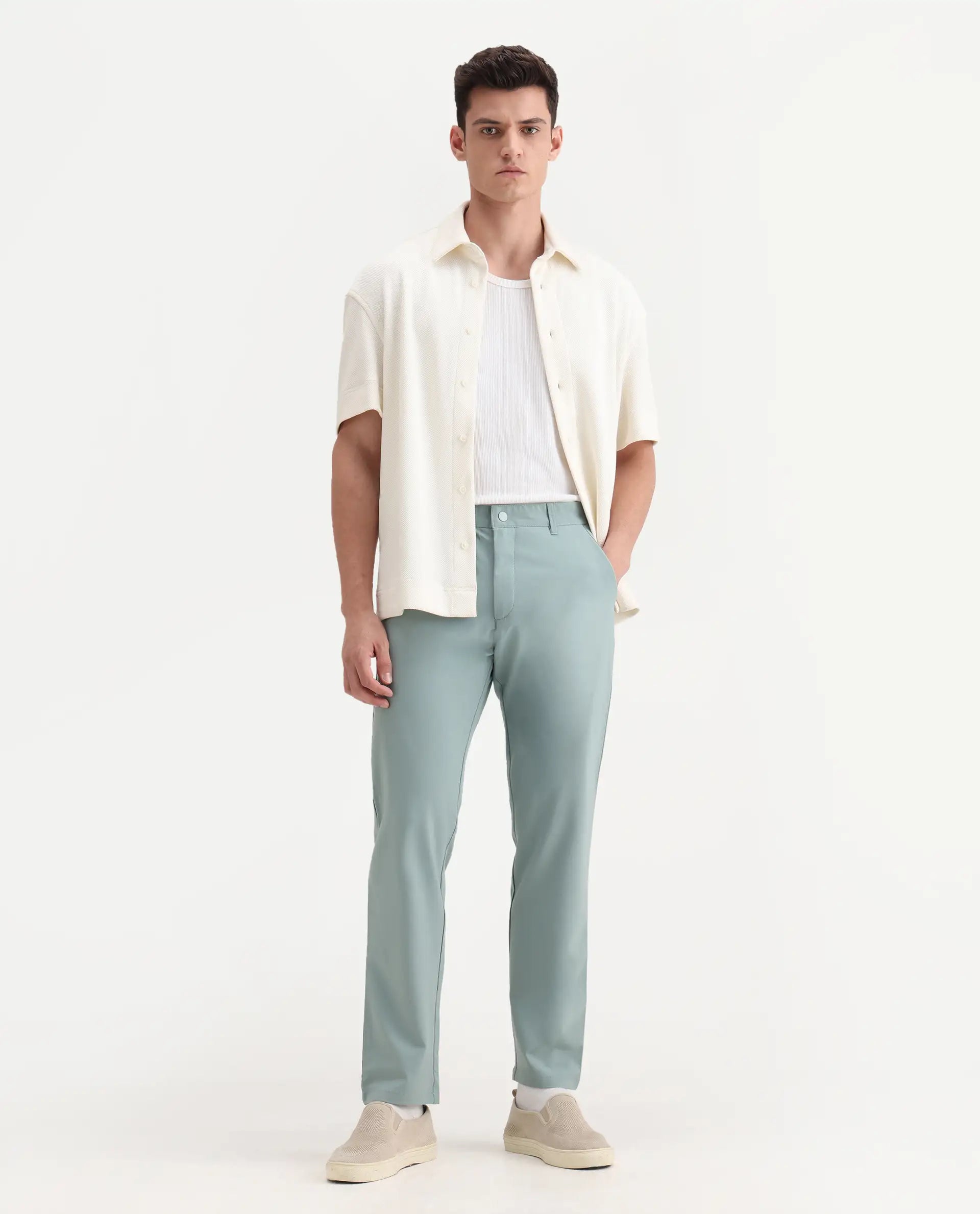 Rare Rabbit Men's Driver-2 Pastel Green Polyester Blend Plain Regular Fit Trouser