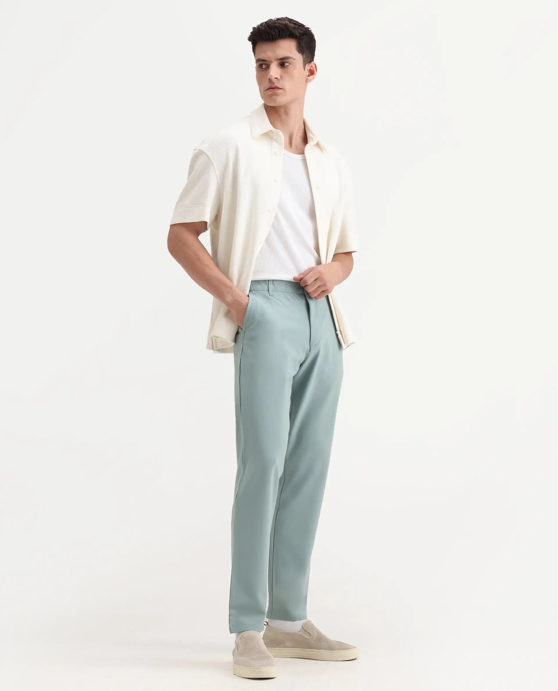 Rare Rabbit Men's Driver-2 Pastel Green Polyester Blend Plain Regular Fit Trouser