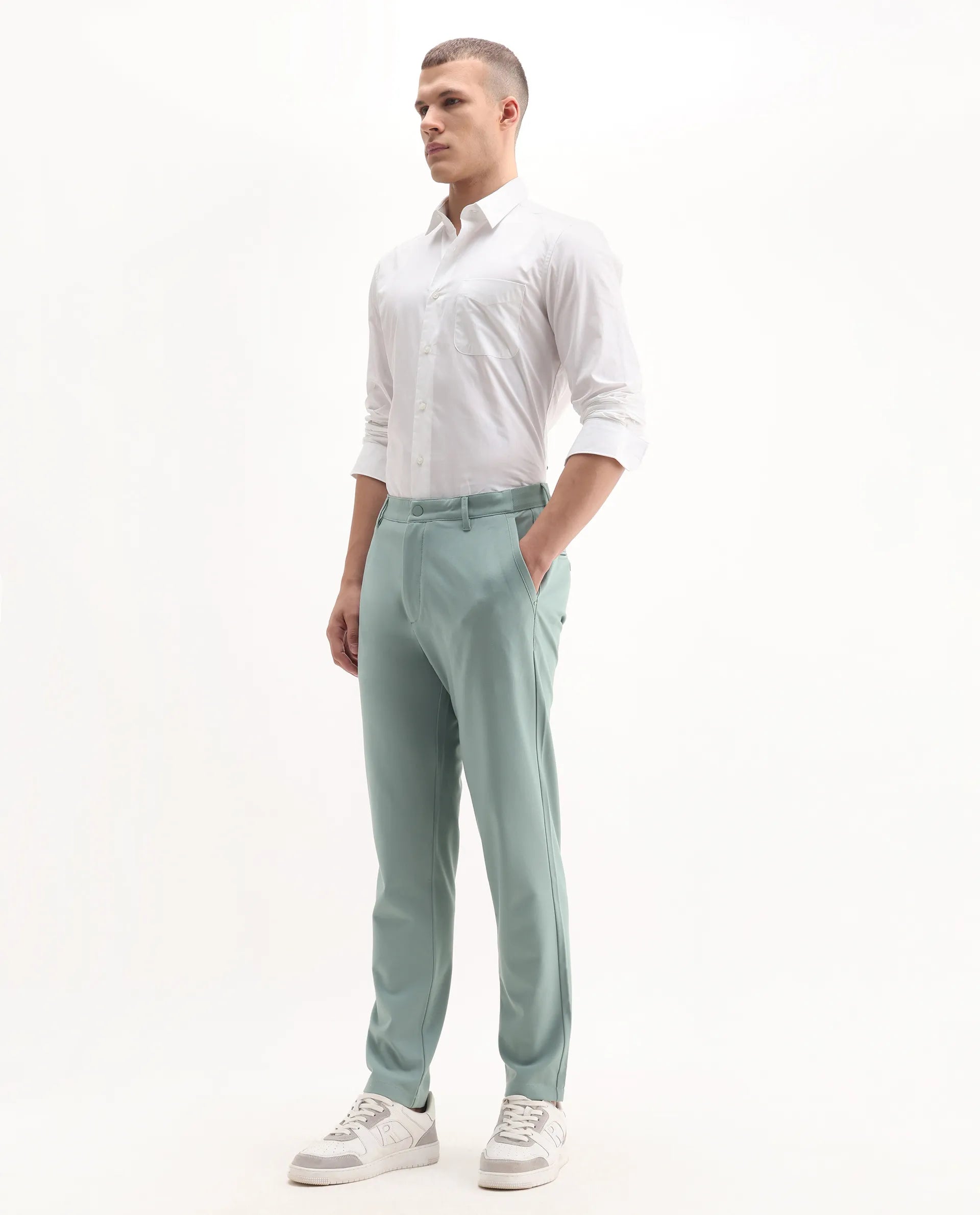 Rare Rabbit Men's Driver-Aw25 Pastel Green Polyester Blend Plain Regular Fit Trouser