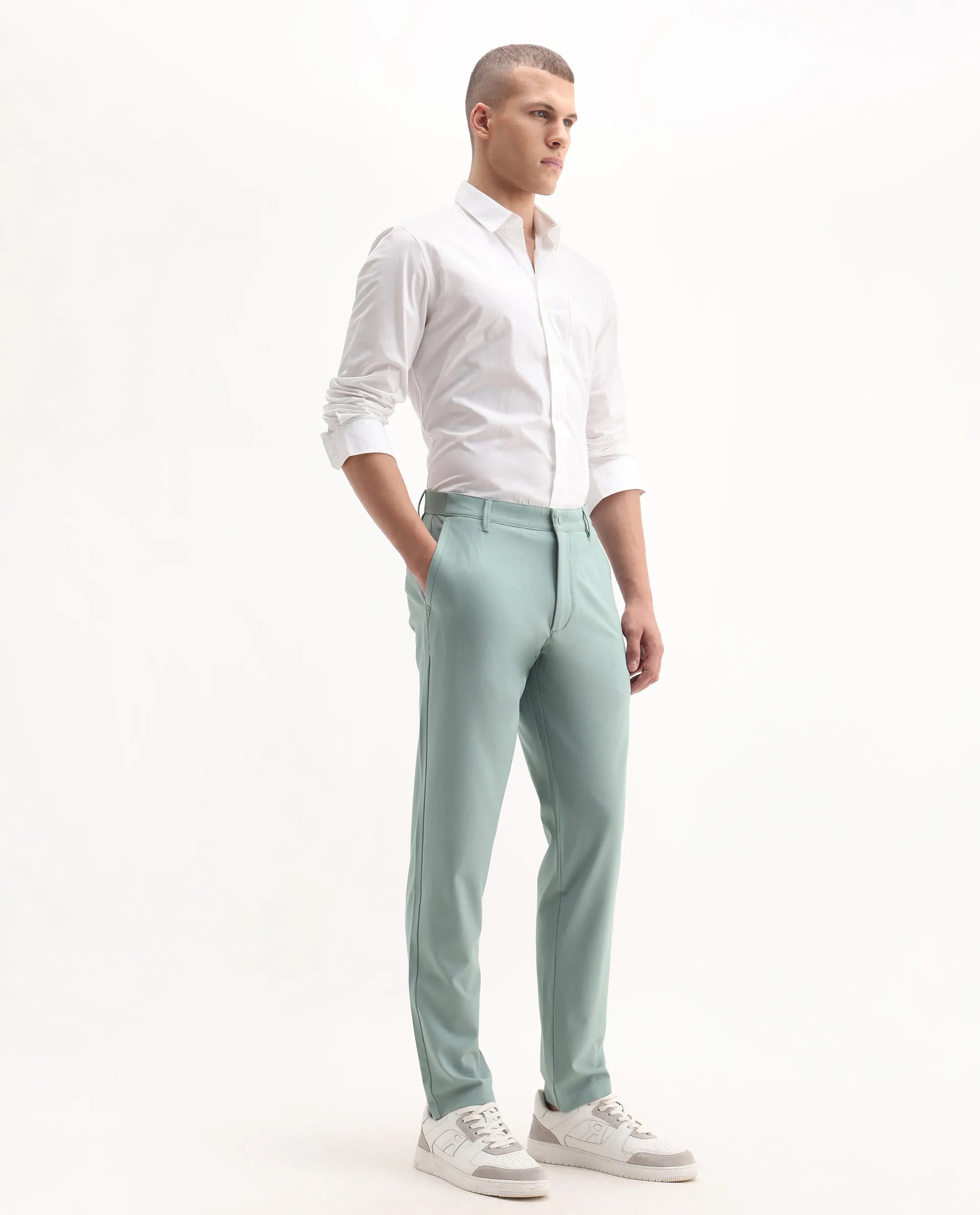 Rare Rabbit Men's Driver-Aw25 Pastel Green Polyester Blend Plain Regular Fit Trouser
