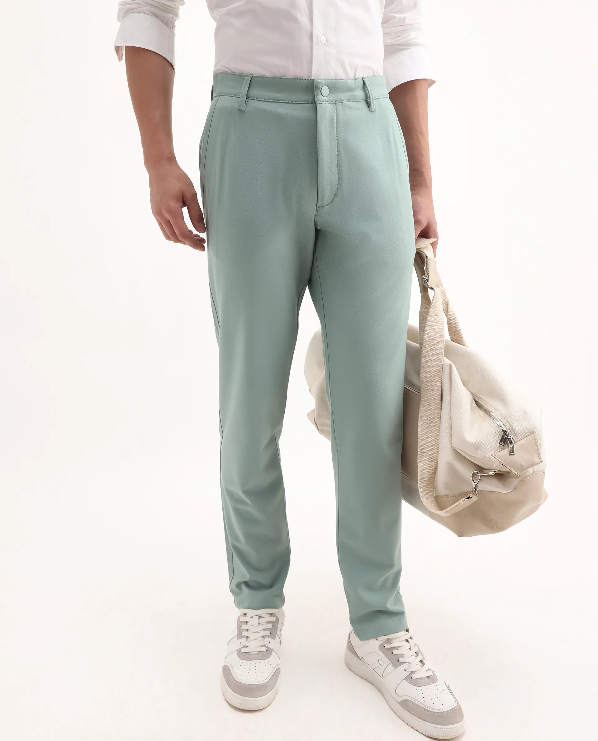 Rare Rabbit Men's Driver-Aw25 Pastel Green Polyester Blend Plain Regular Fit Trouser