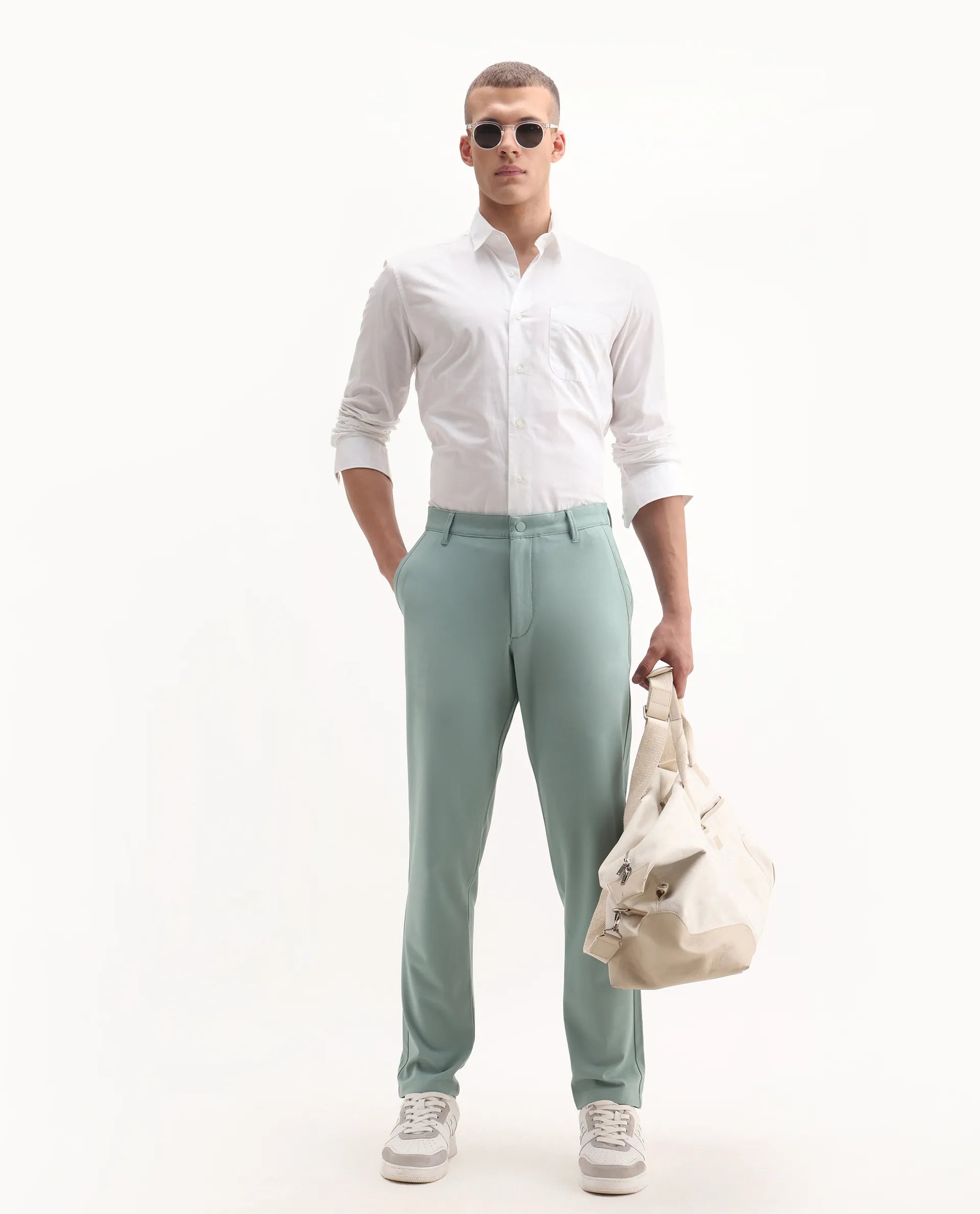 Rare Rabbit Men's Driver-Aw25 Pastel Green Polyester Blend Plain Regular Fit Trouser