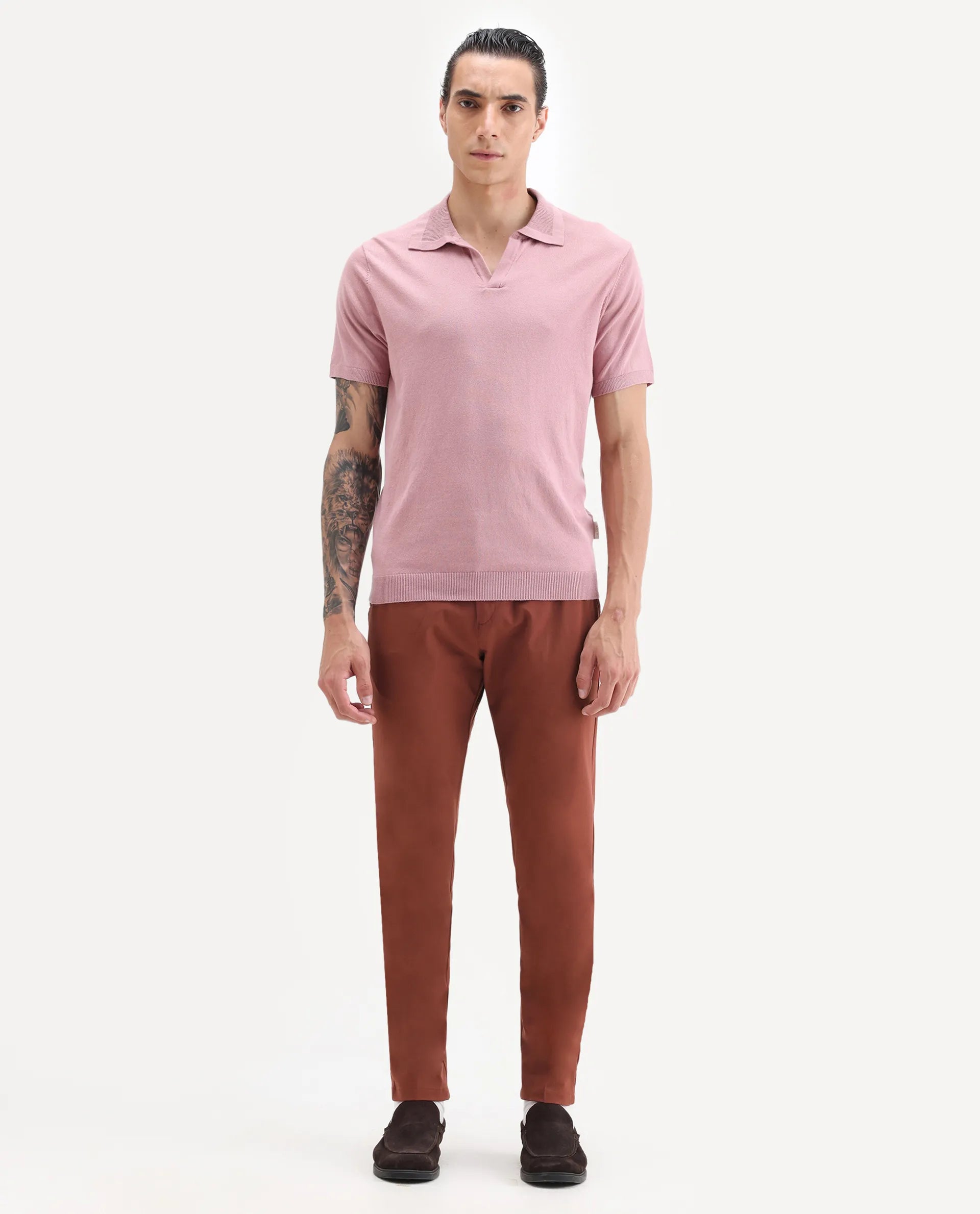 Rare Rabbit Men's Driver Rust Polyester Blend Plain Regular Fit Trouser