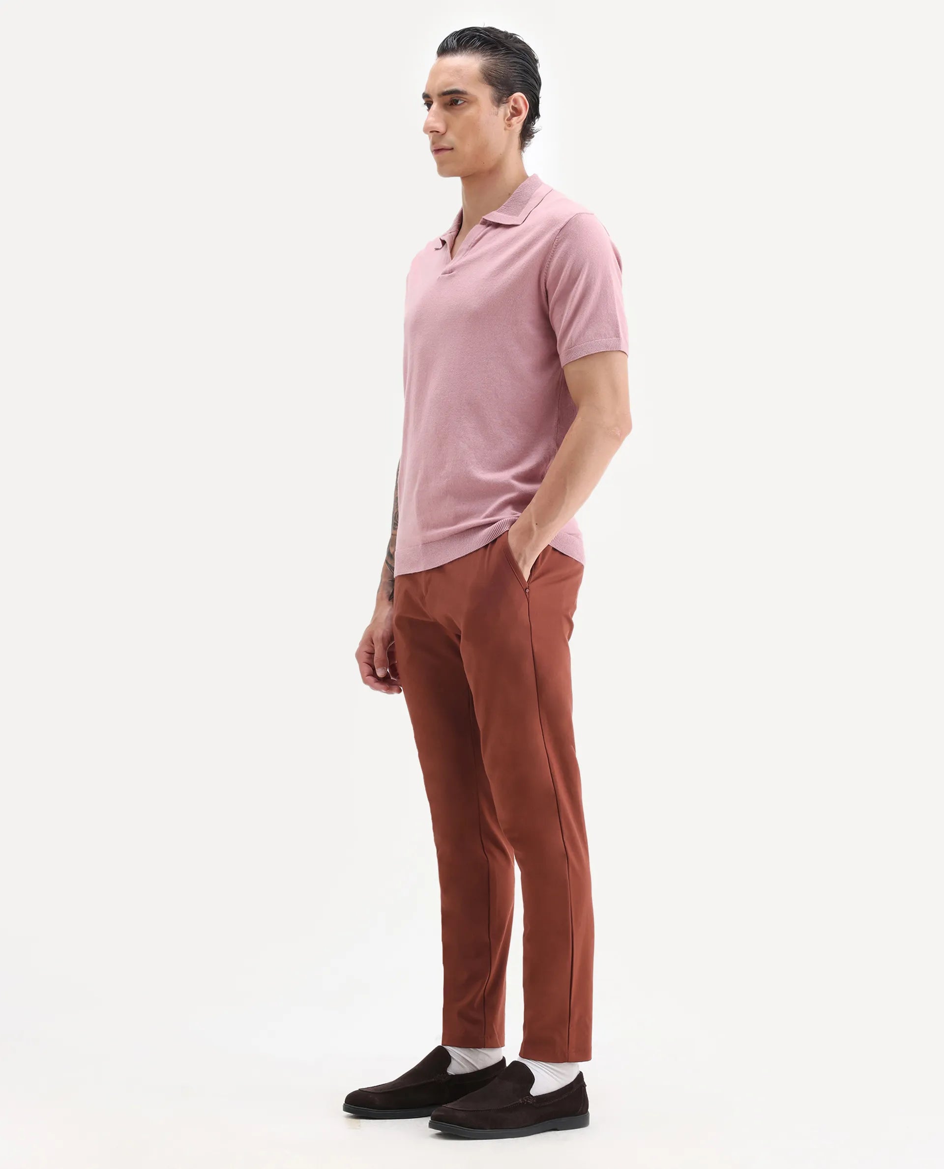 Rare Rabbit Men's Driver Rust Polyester Blend Plain Regular Fit Trouser
